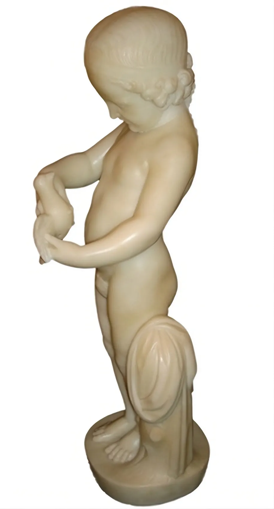 antique sculpture of a child holding a bird
