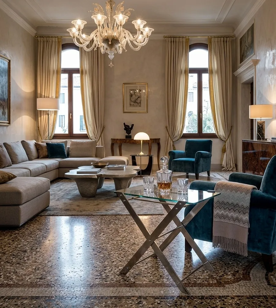 Zwei kleine antike Tische in einem eleganten Wohnzimmer mit Sofa und Lampe