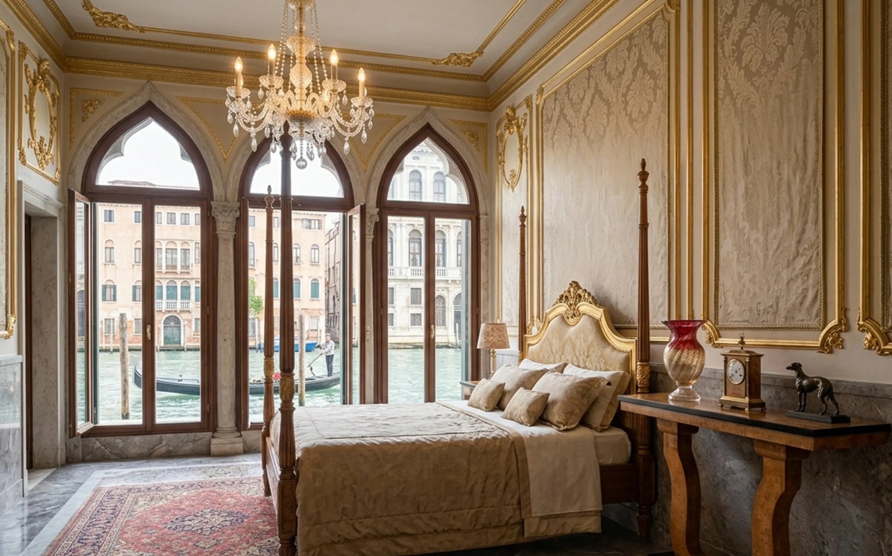 Chambre avec deux consoles anciennes et vue sur le canal.