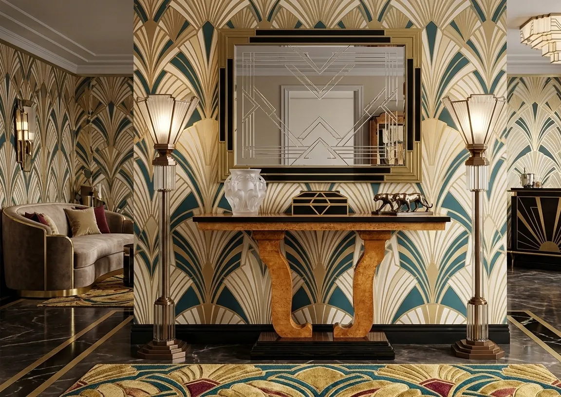Two antique consoles with a beautiful design and a mirror behind, elegant setting.