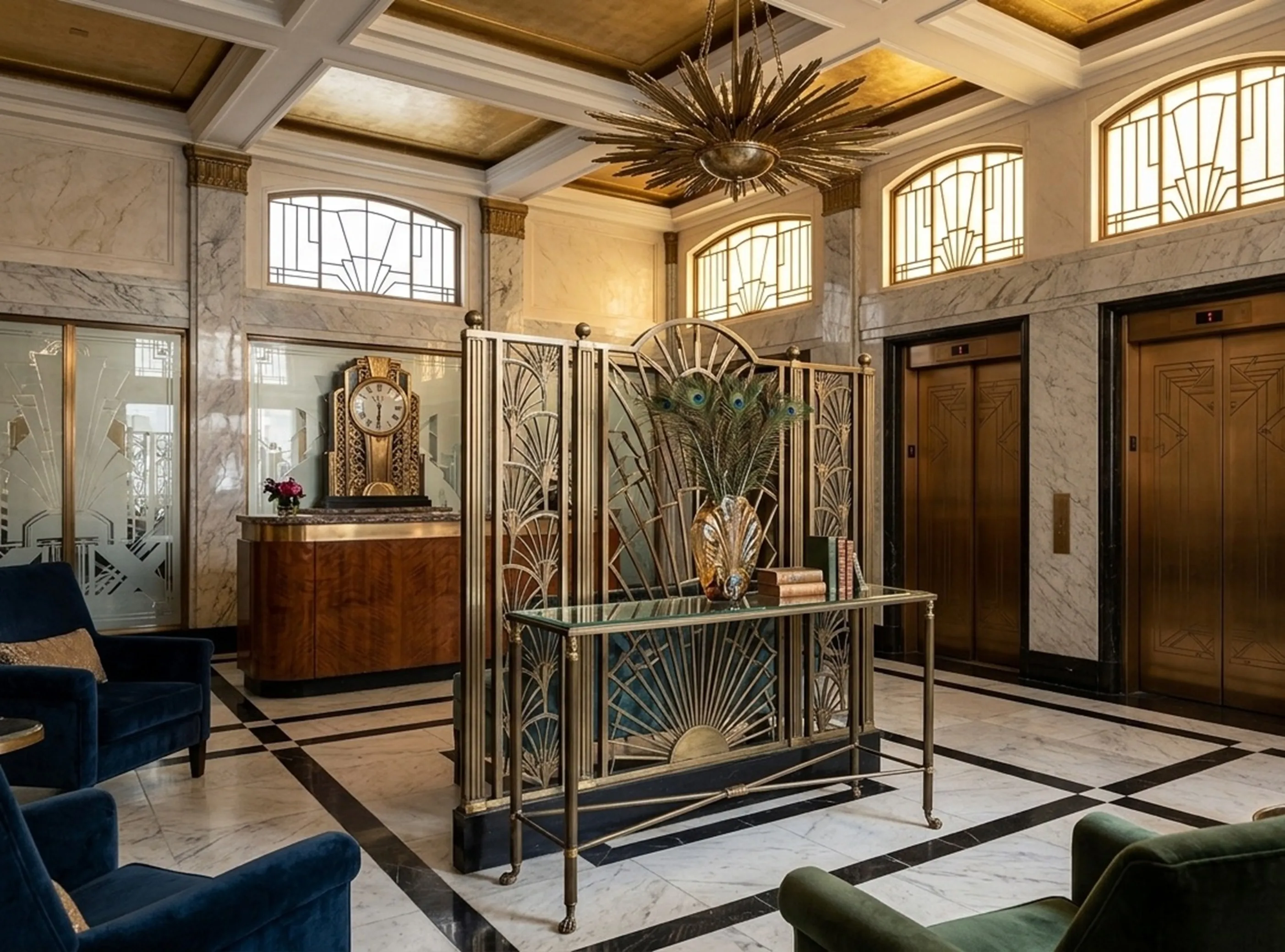 Quatro consoles antigas decorativas em um lobby elegante