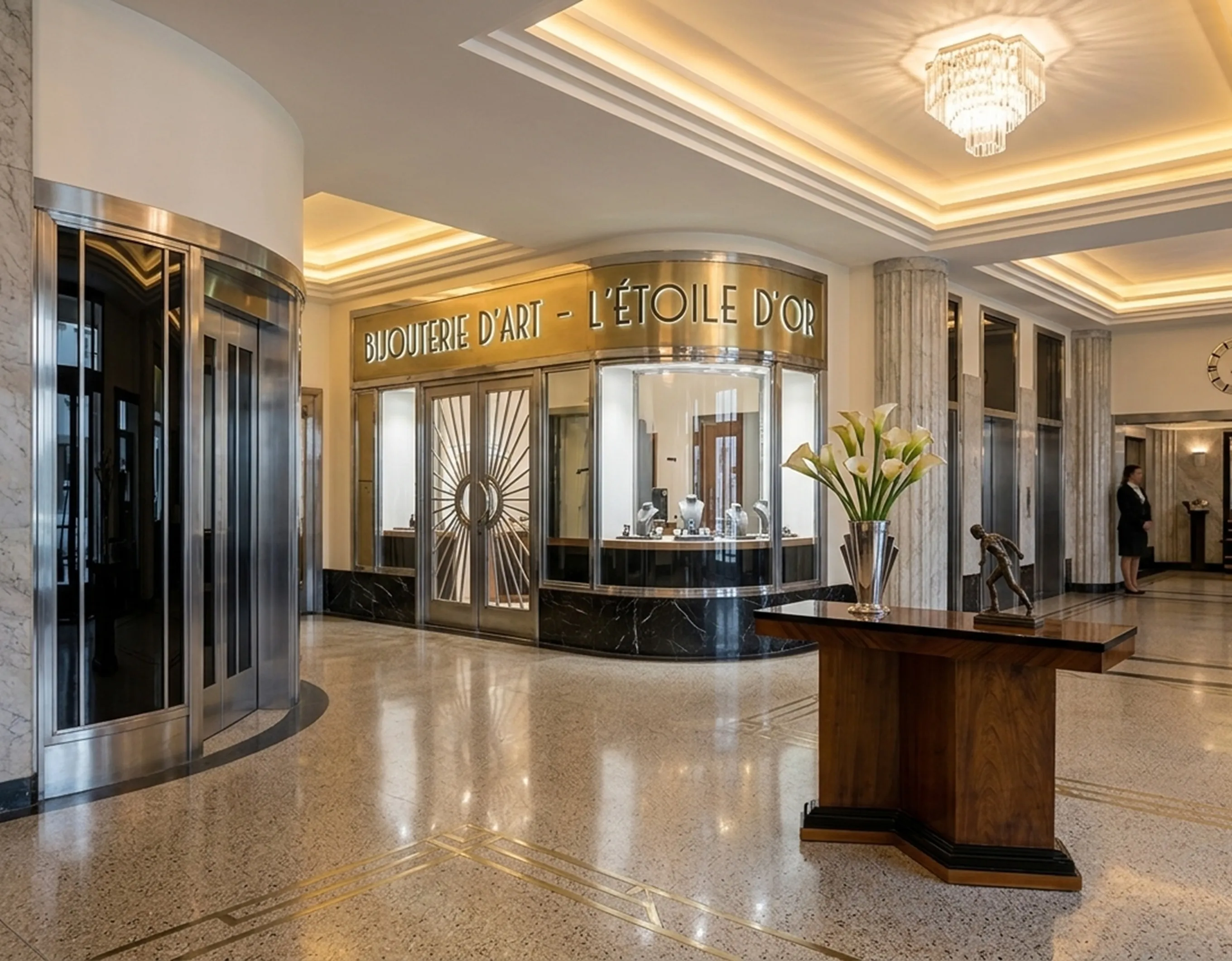 Элегантный вход с 2 антикварными дрессуарами и цветами.