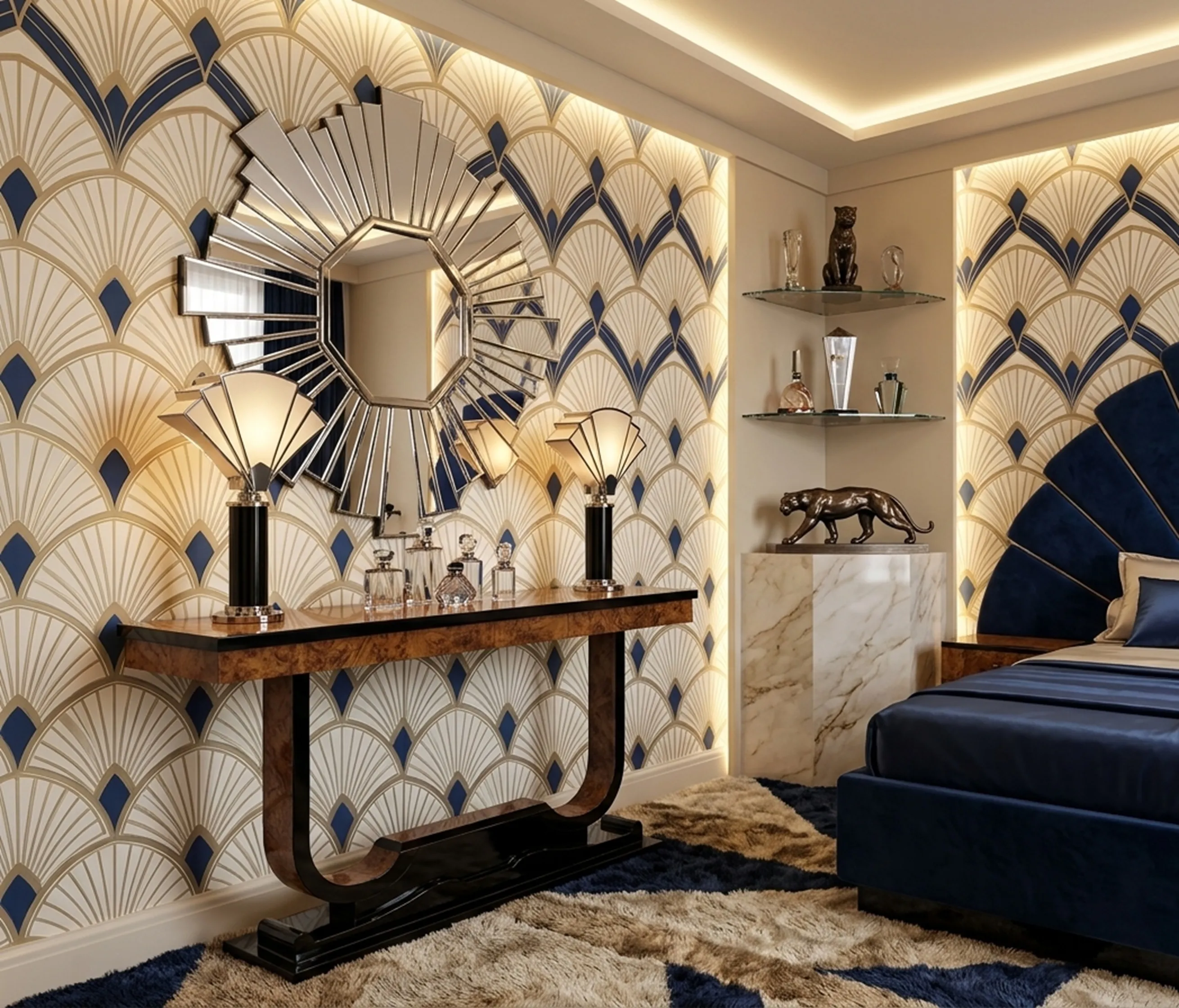 Vier antike Konsolen mit eleganter Dekoration in einer gemütlichen Atmosphäre.