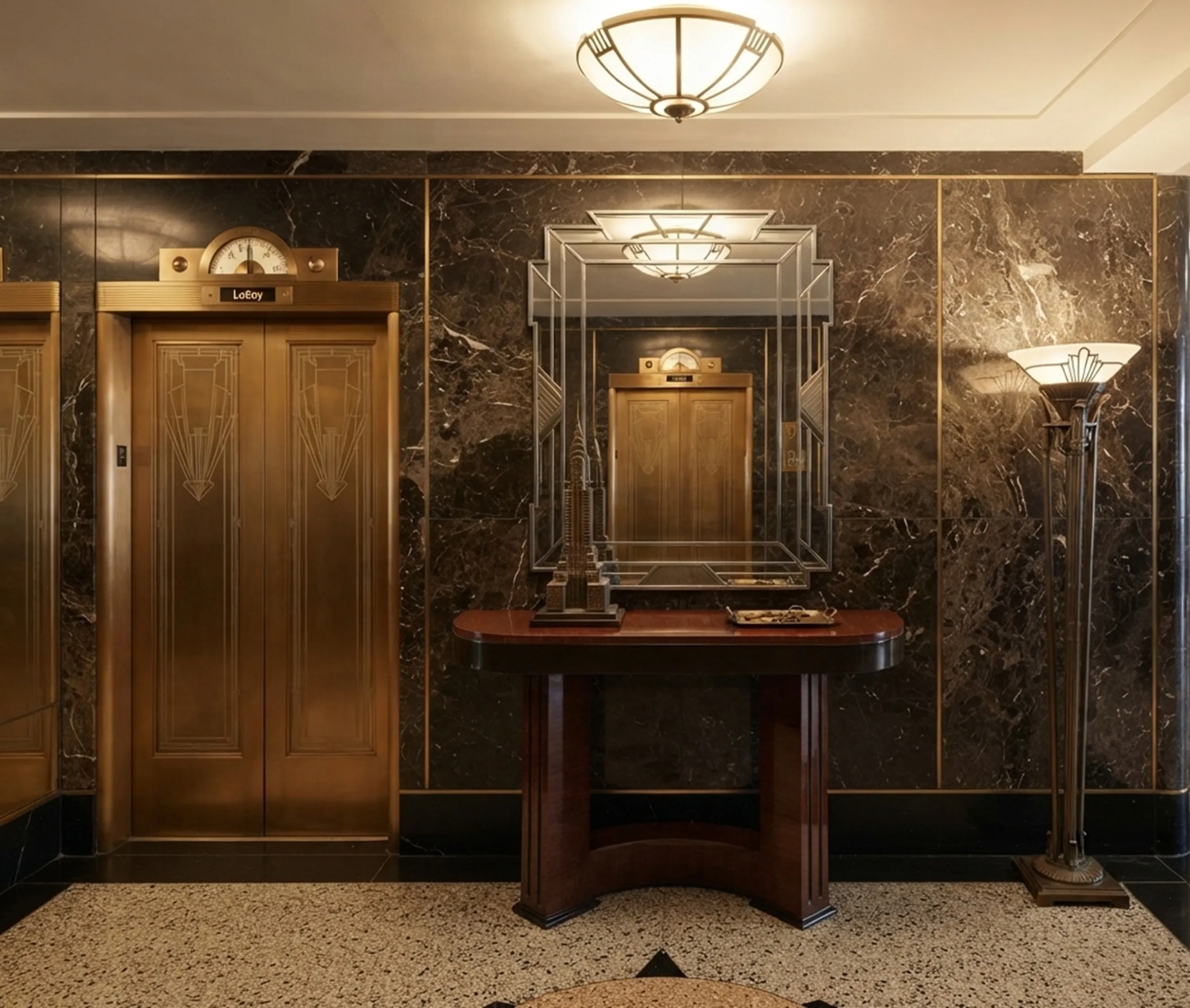 zwei antike Konsolentische mit klassischen Details in einer Lobby