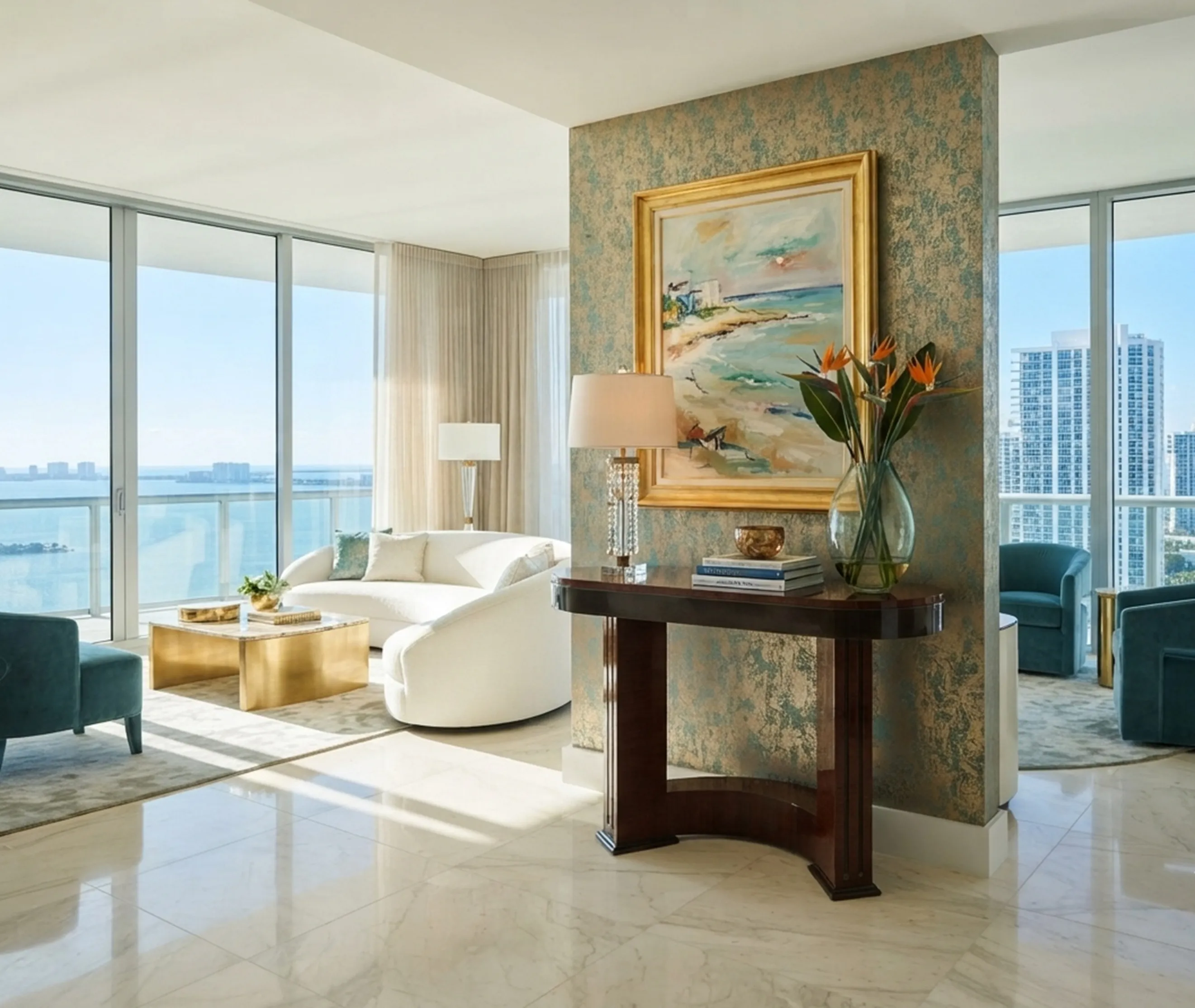elegant design of two antique consoles in a modern setting