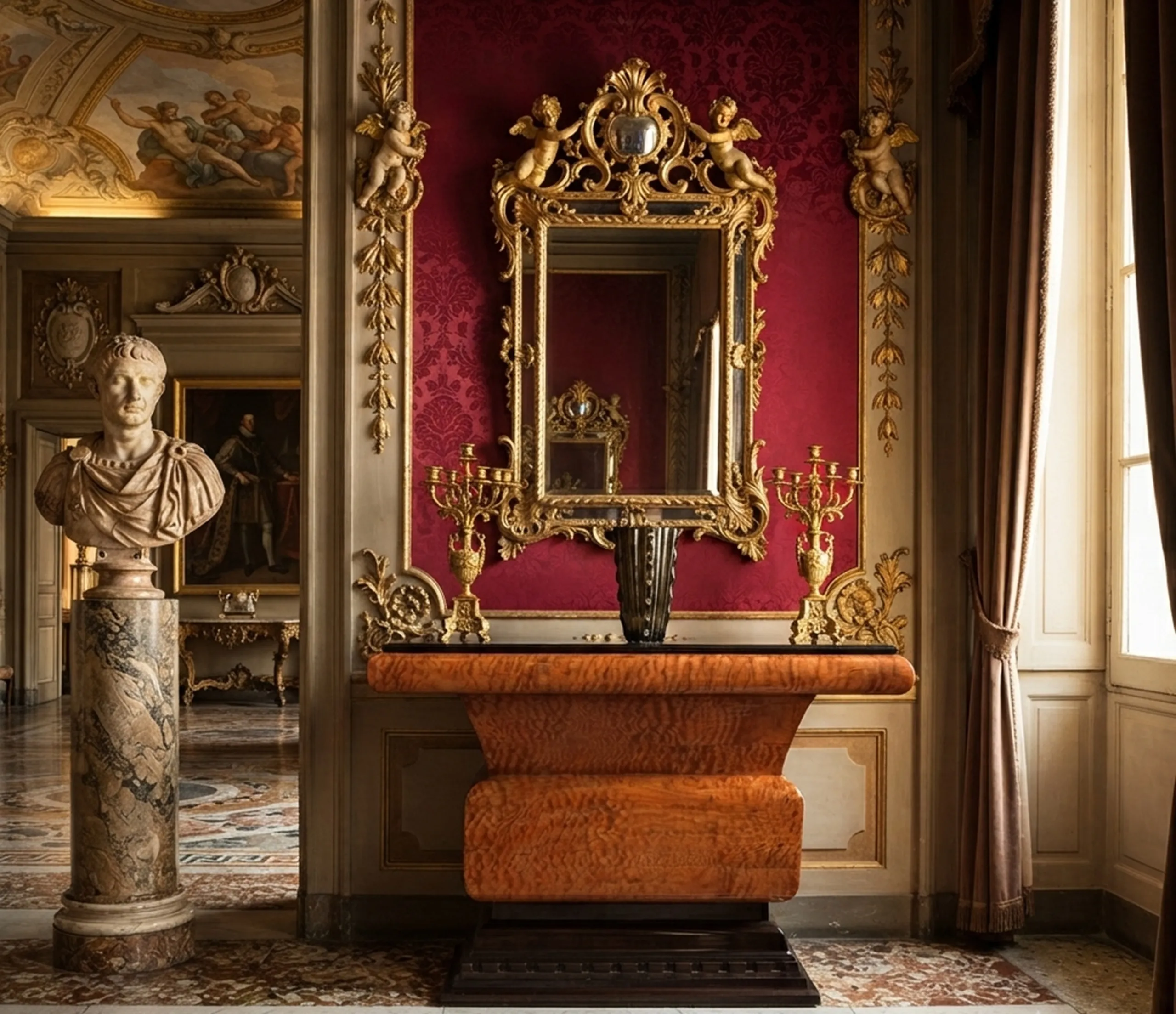 two antique consoles in a palace with candelabras