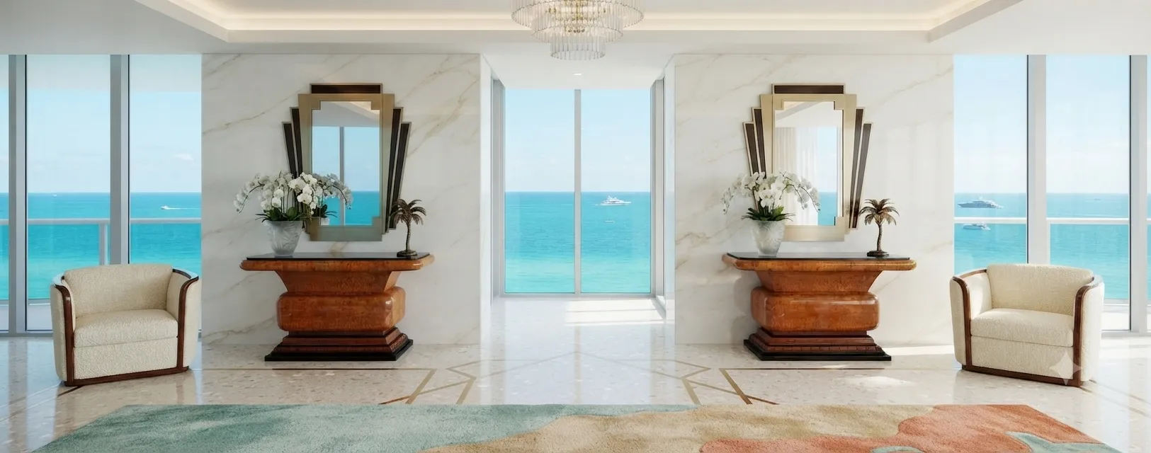due console antiche eleganti accanto a una finestra con vista sul mare