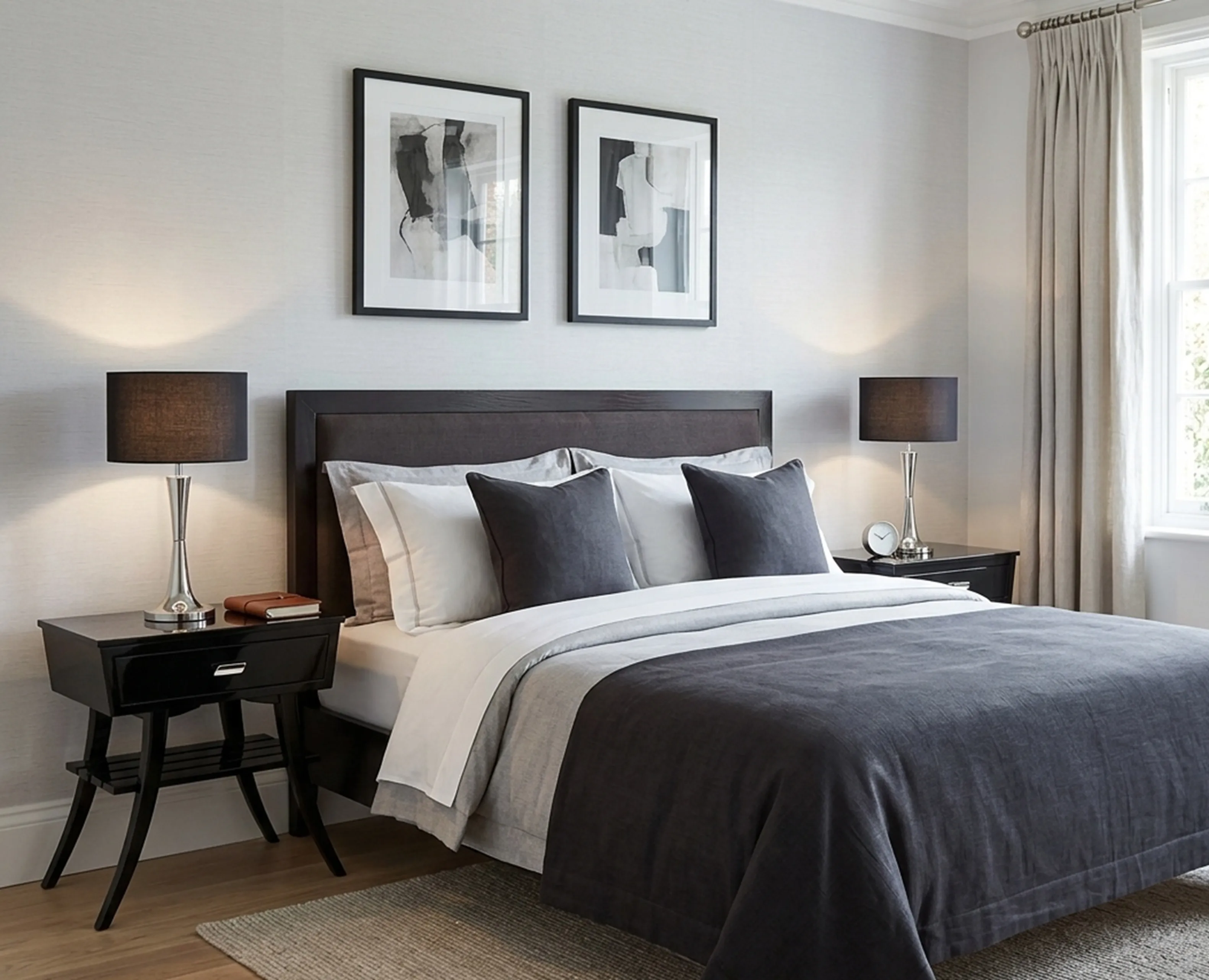 Antique bedside tables in a modern bedroom with lamps.