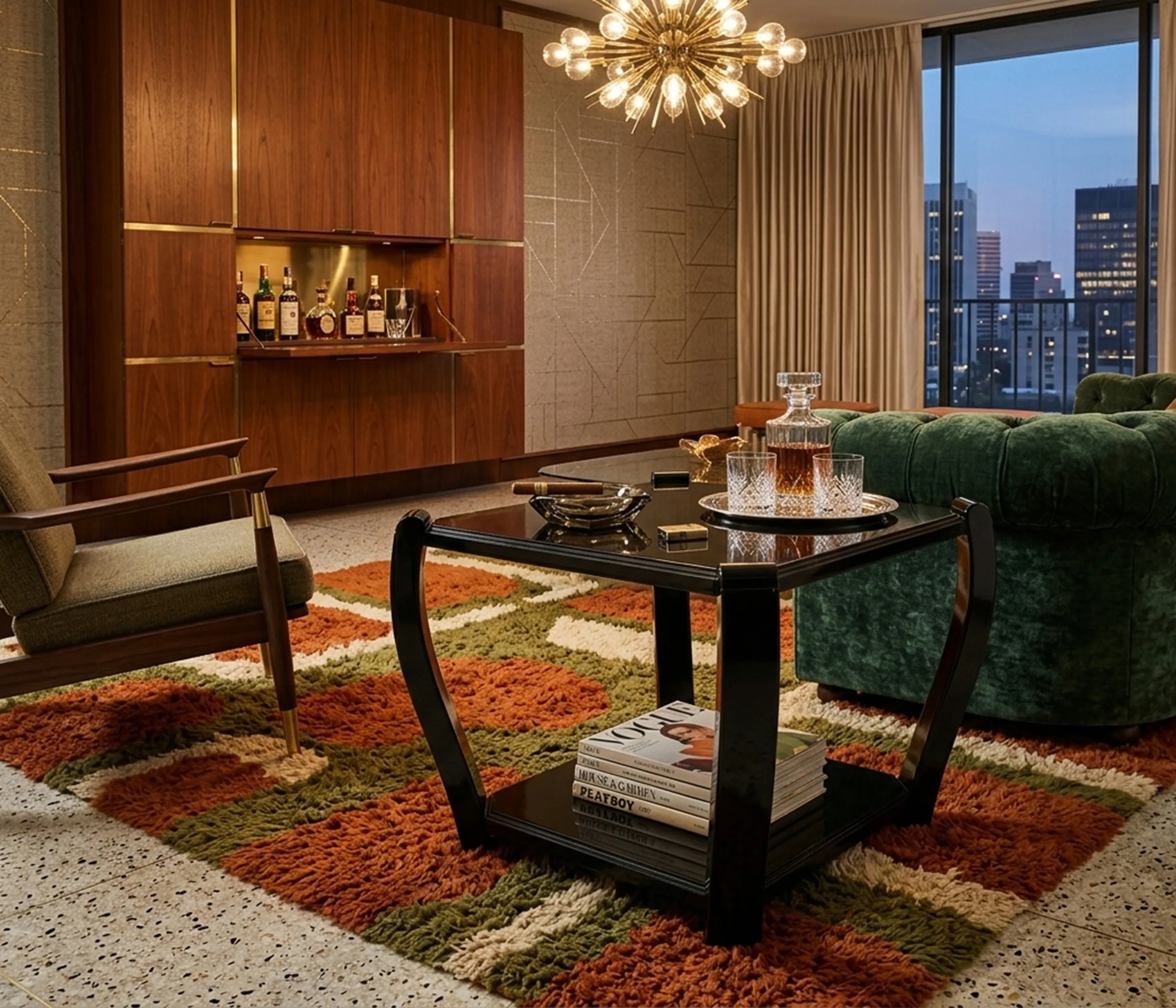 Petites tables anciennes dans un salon moderne avec tapis coloré