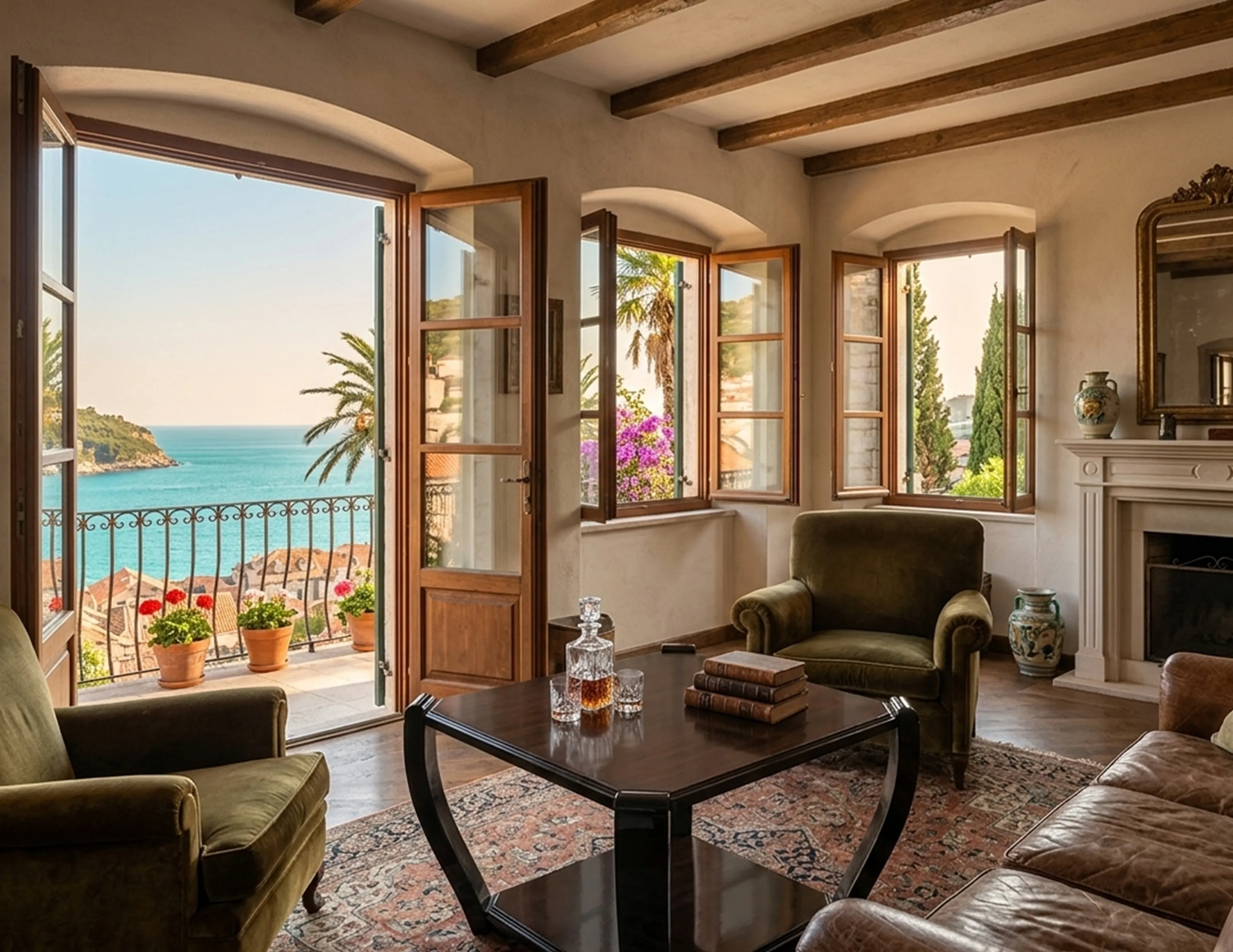 Vista de 2 mesitas antiguas en una sala con vista al mar y plantas