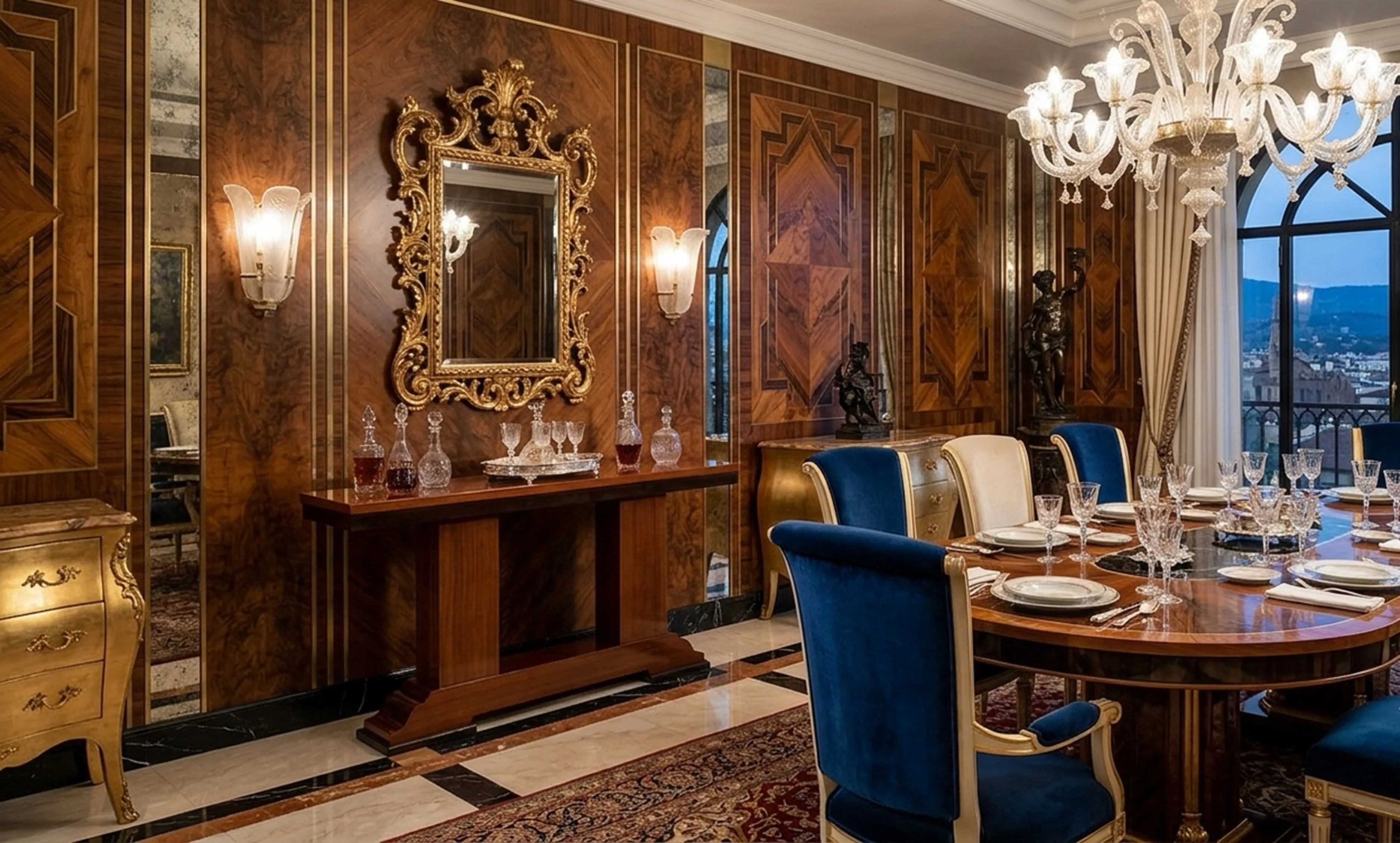 Three antique consoles in an elegant living room with a mirror