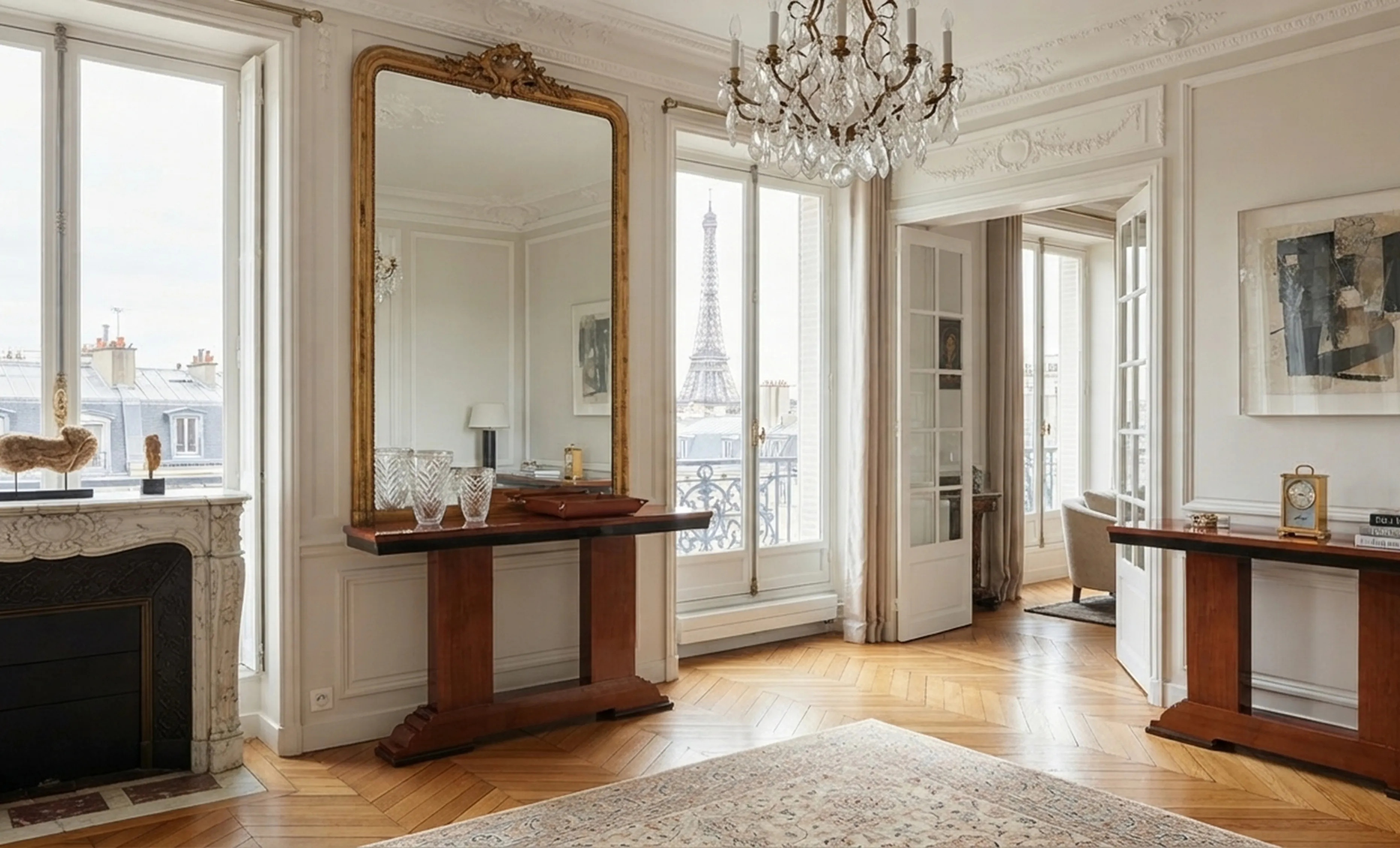 Tre antichi mobili dresuars in un elegante salone parigino con specchio, lampada e vista sulla Torre Eiffel.