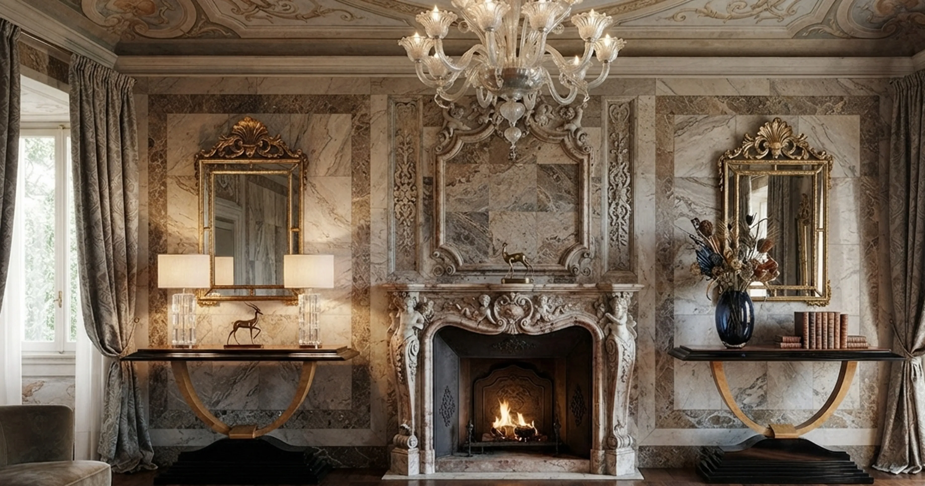 two antique consoles with decorative details, mirror and lamps