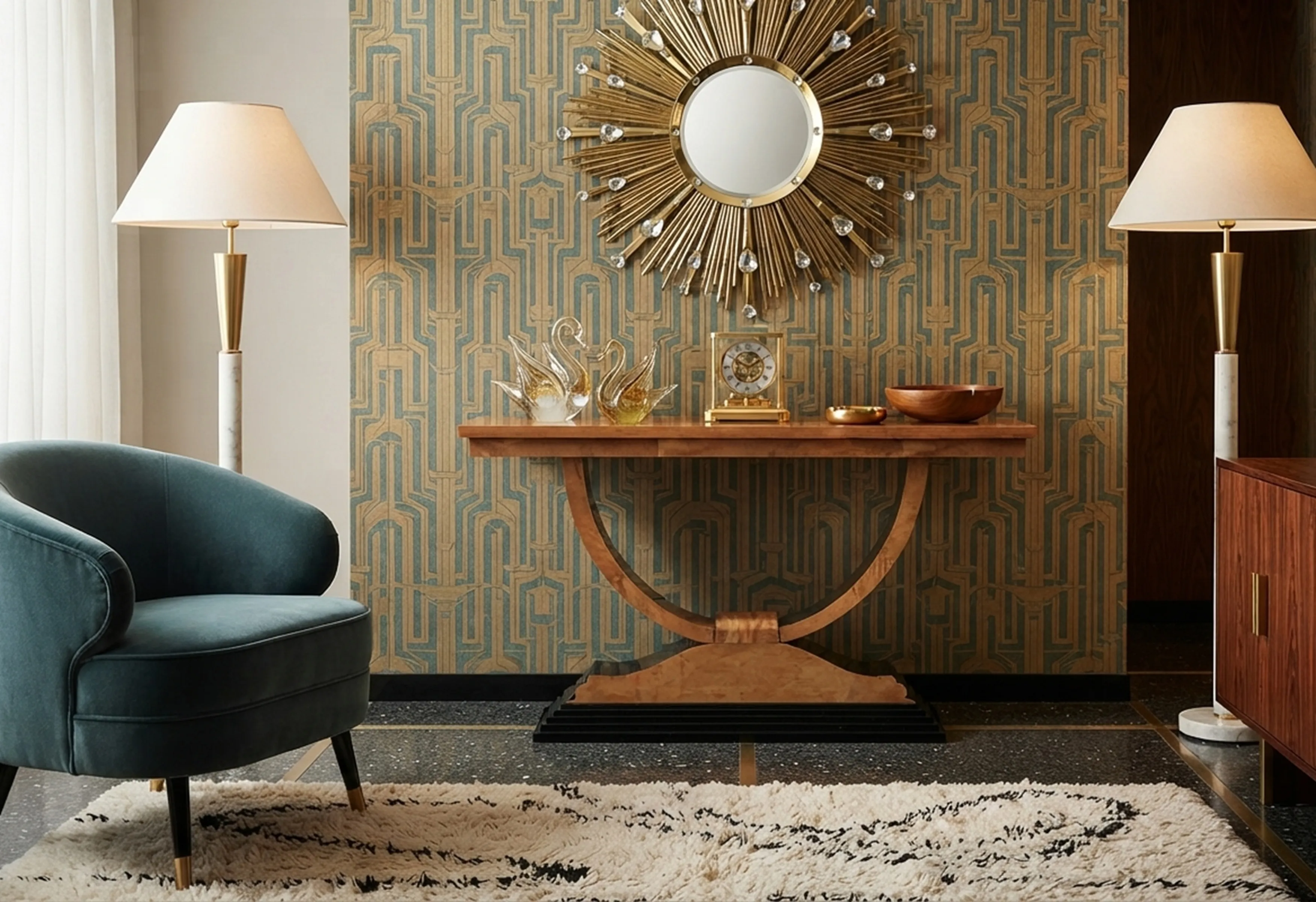 Two antique consoles with elegant decor in a modern setting.
