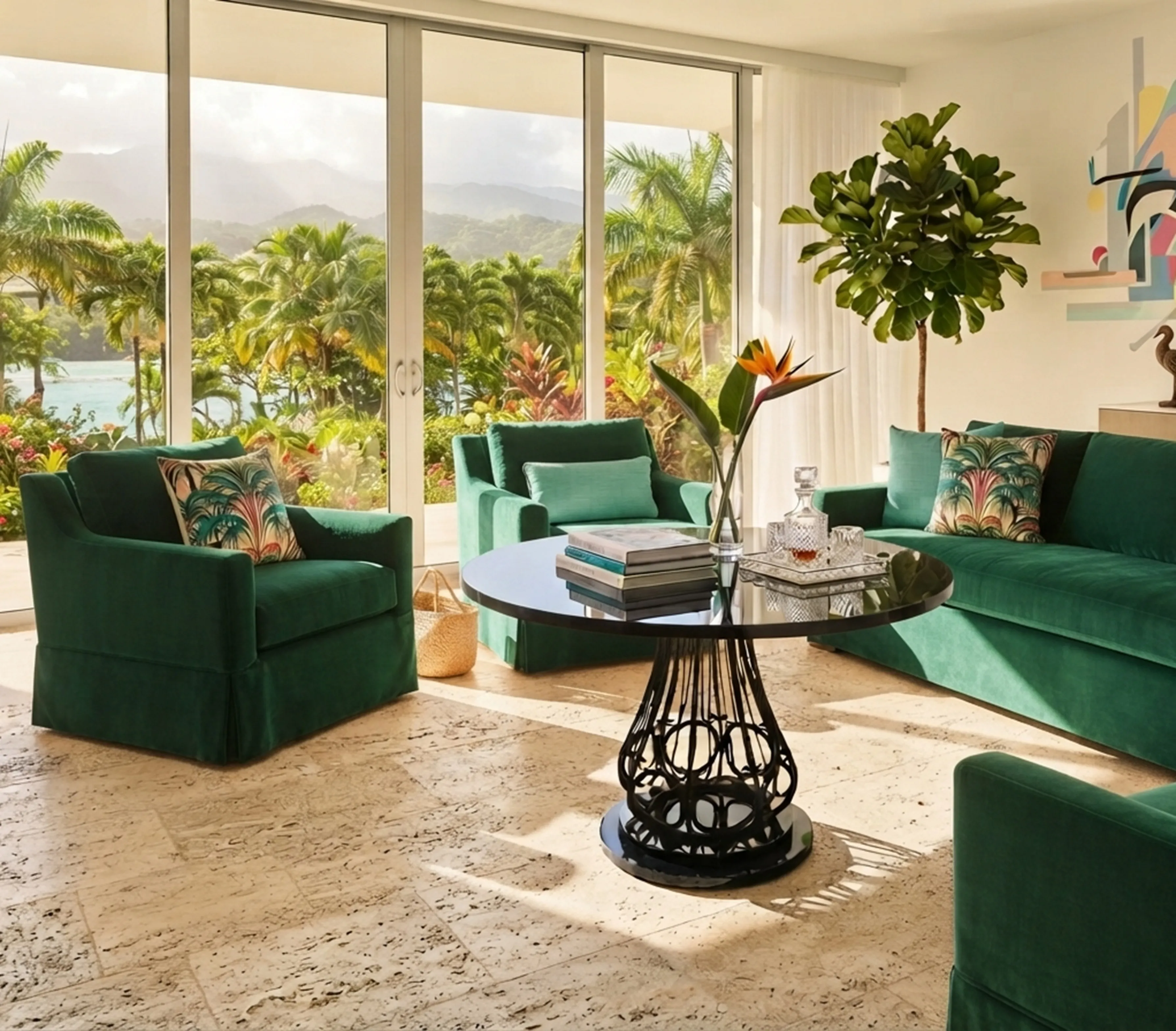 dos mesas ratonas antiguas en un salón acogedor con sillones verdes y vista al jardín