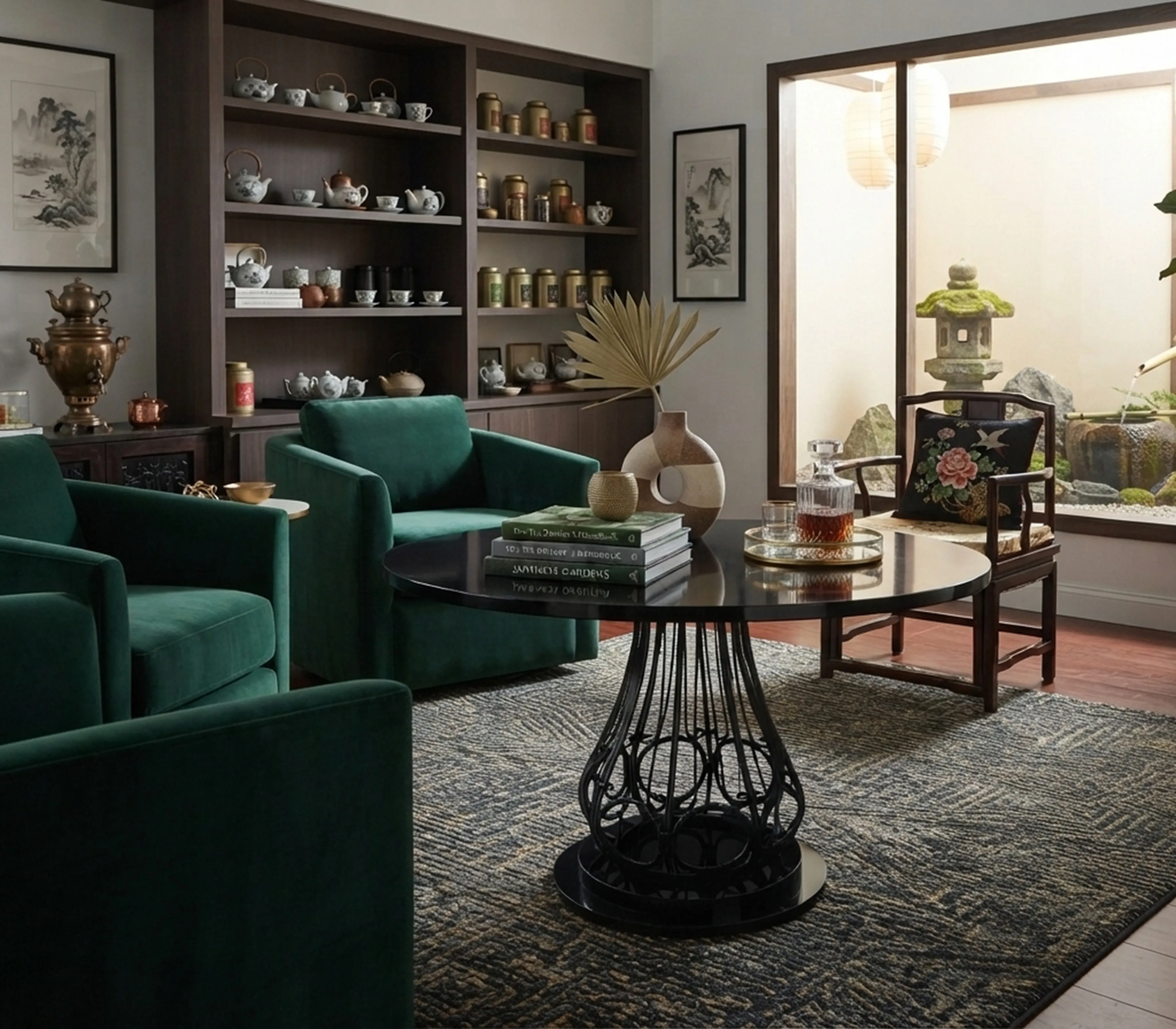 दो प्राचीन छोटी मेज़ सजावटी डिज़ाइन के साथ, एक सुंदर वातावरण में
