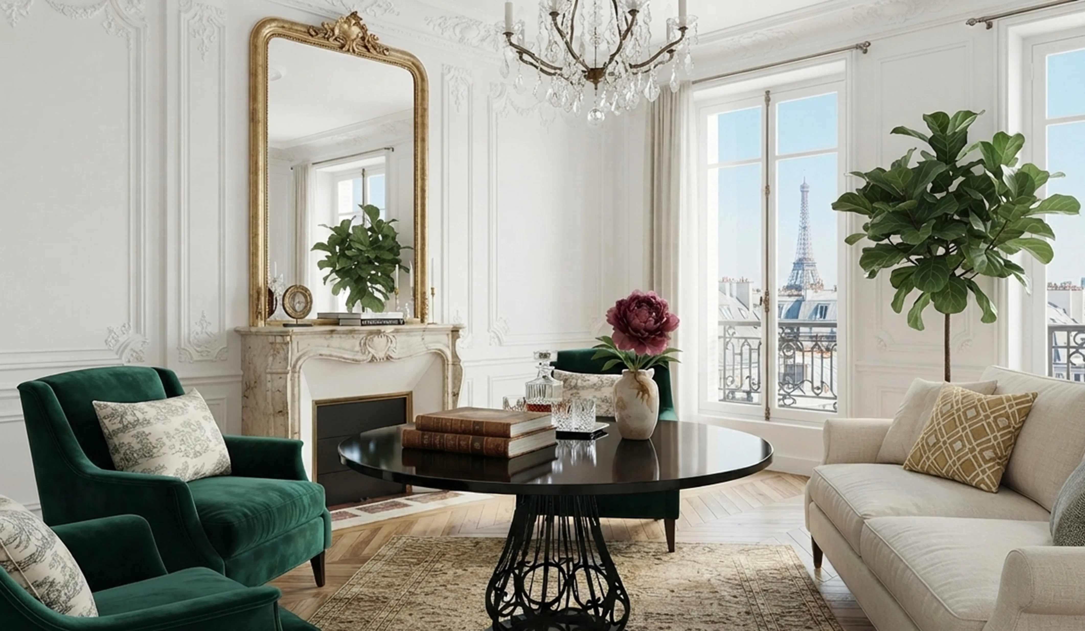 Deux petites tables antiques décorées dans une pièce élégante avec des plantes et décorations