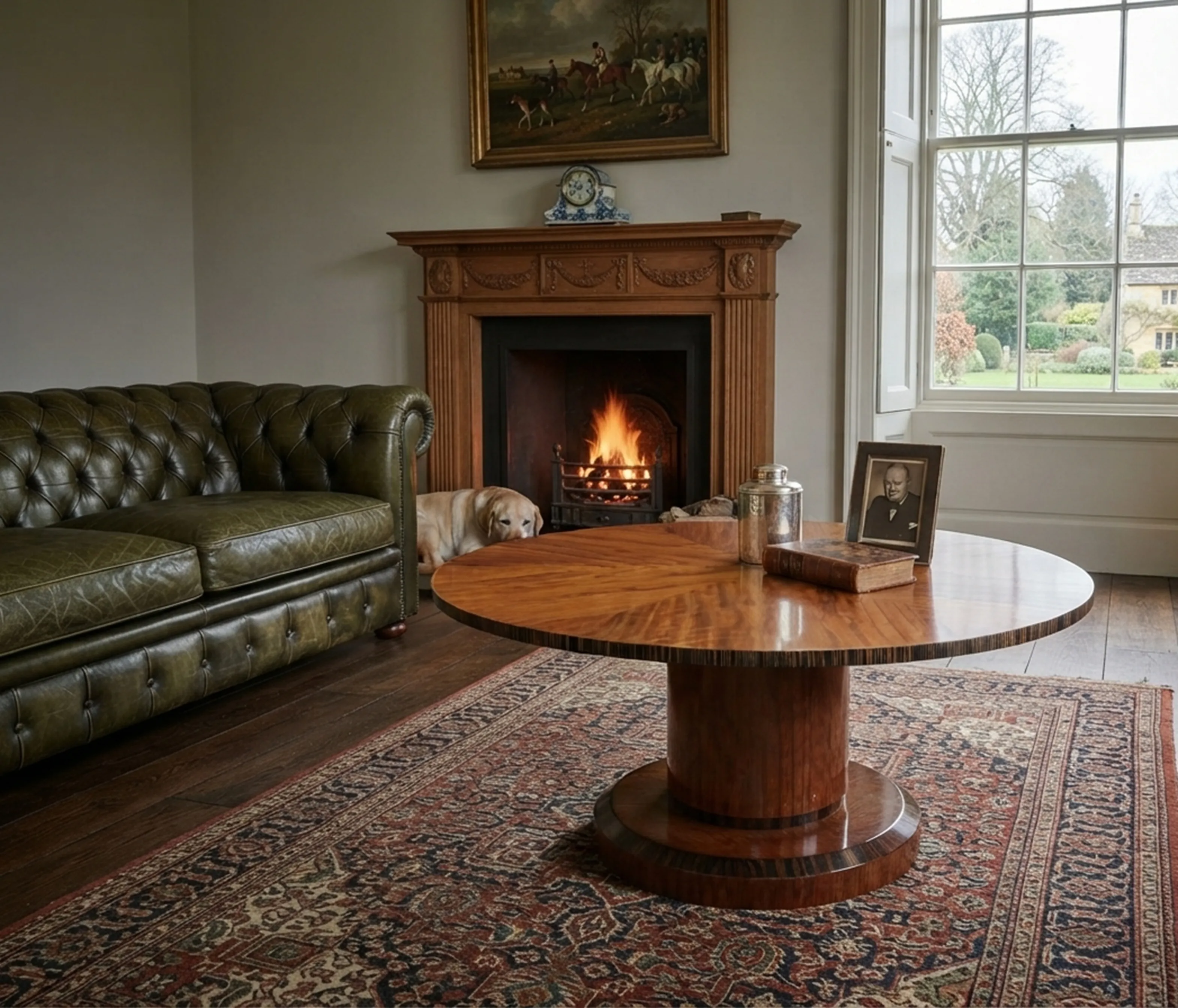 Two antique coffee tables in a cozy living room.