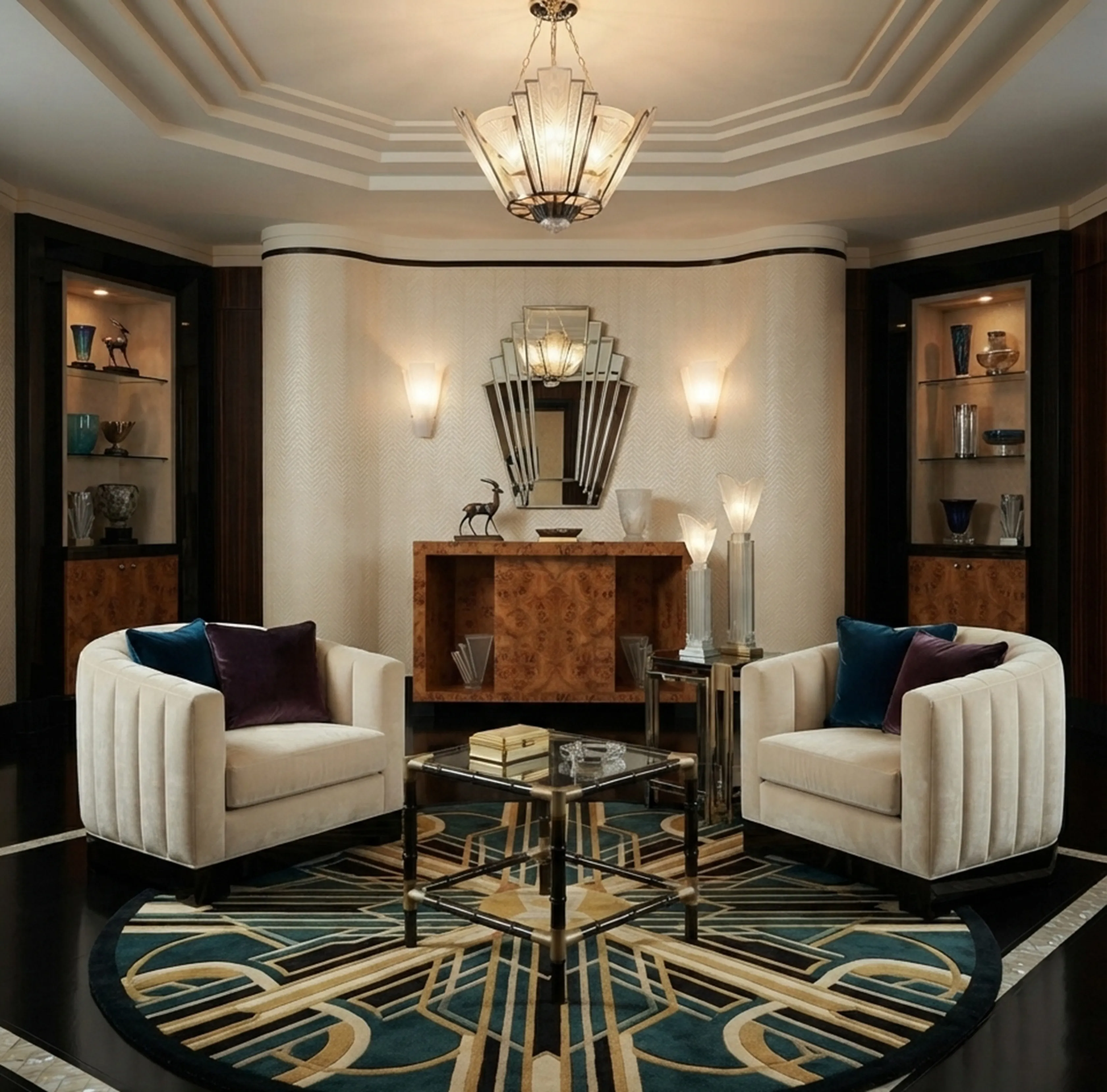 Three antique coffee tables placed in a stylish living room.