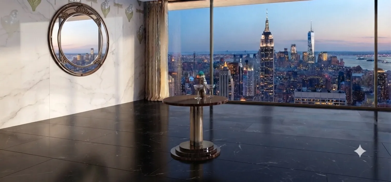 Vista di 2 tavolini da caffè antichi in un ambiente elegante con città sullo sfondo