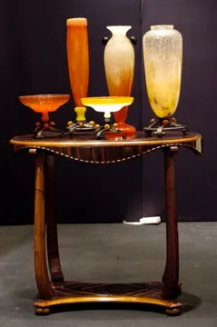 Antique signed glass Schneider with red and orange gradient.