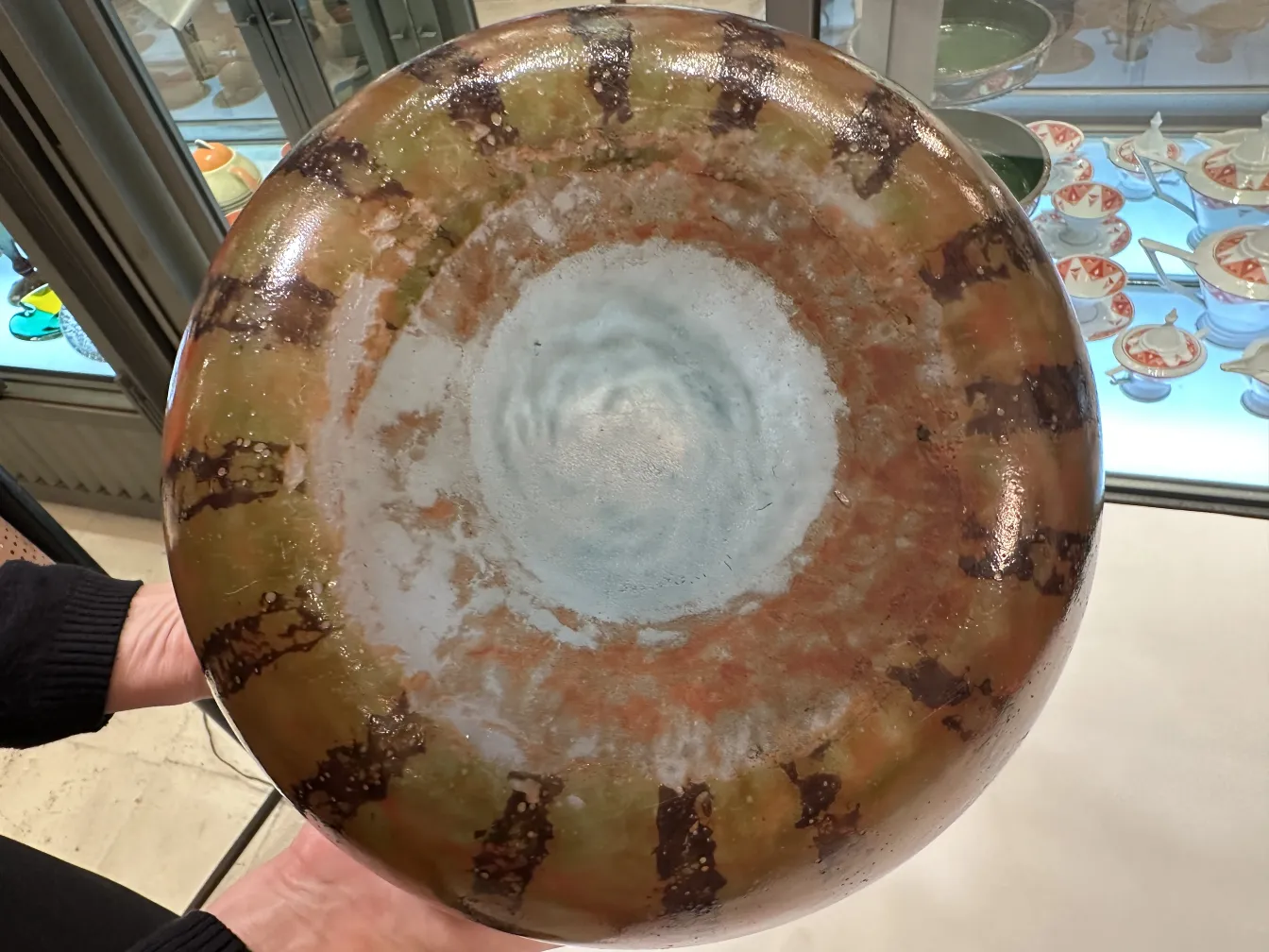 Antique signed glass jug Le Verre with colorful design