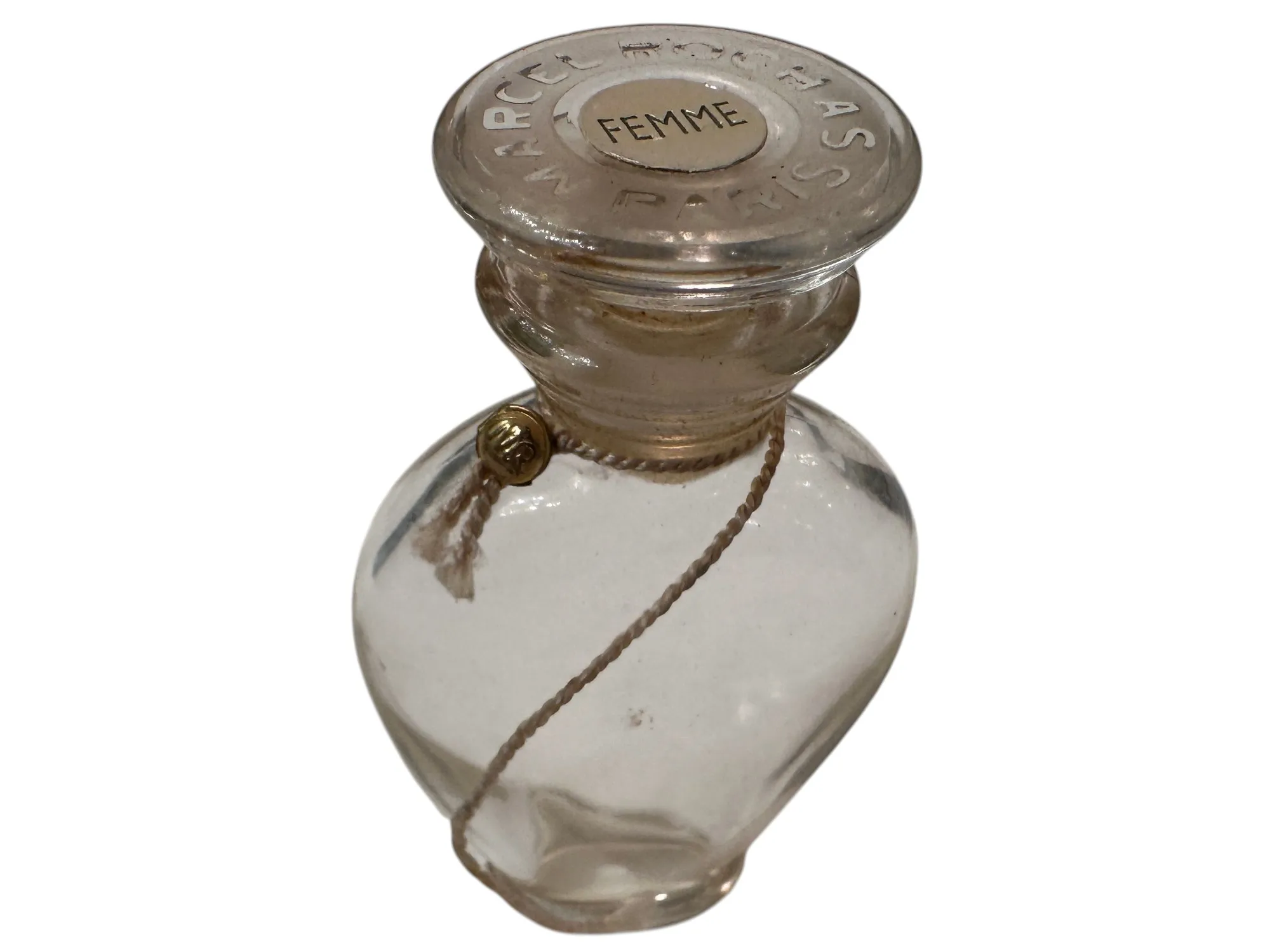 Flacon de parfum ancien en verre avec un couvercle décoratif.
