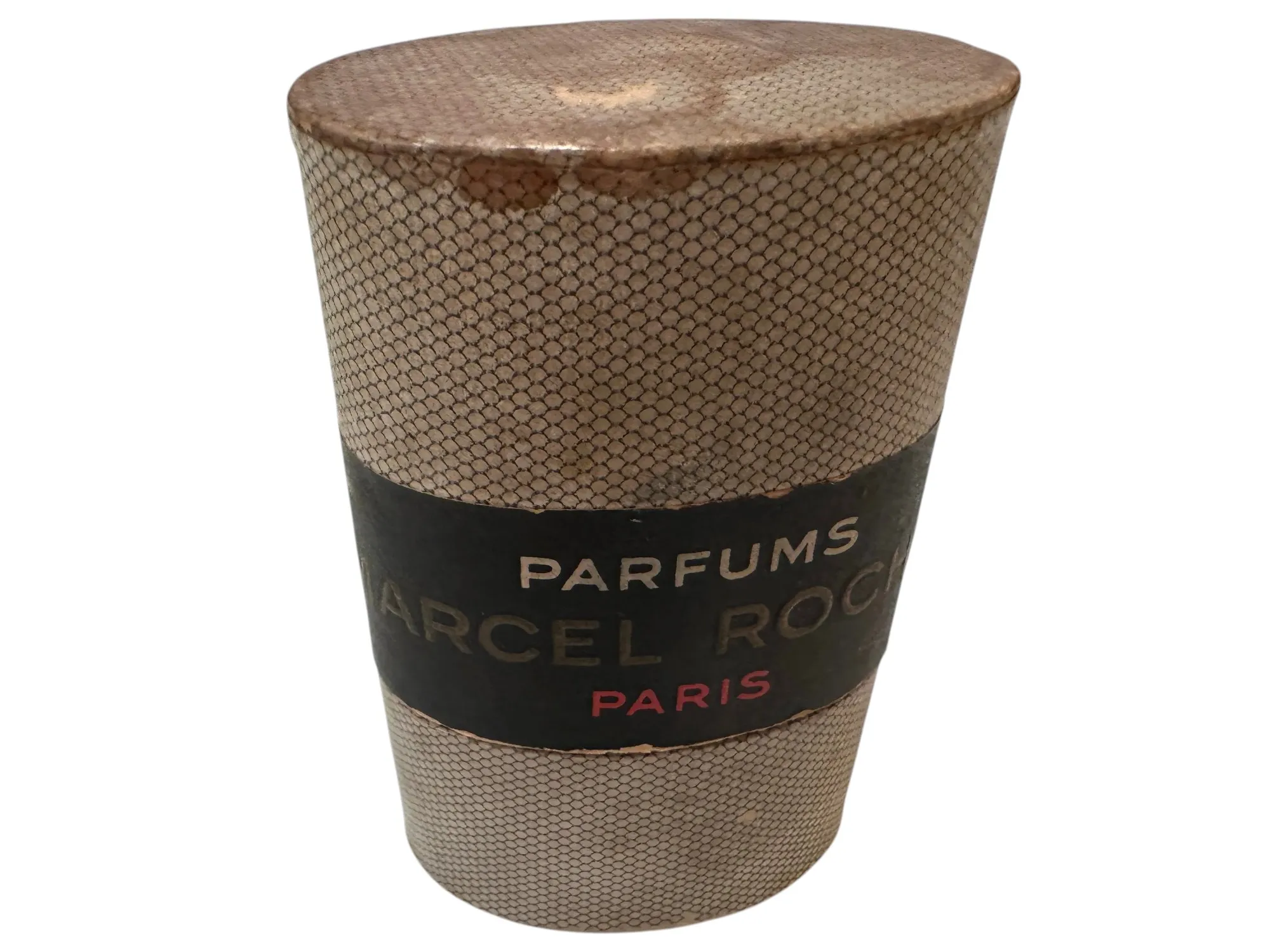 Antike Parfümflasche mit Schuppen-Design in Goldtönen und schwarzem Etikett mit goldener Schrift
