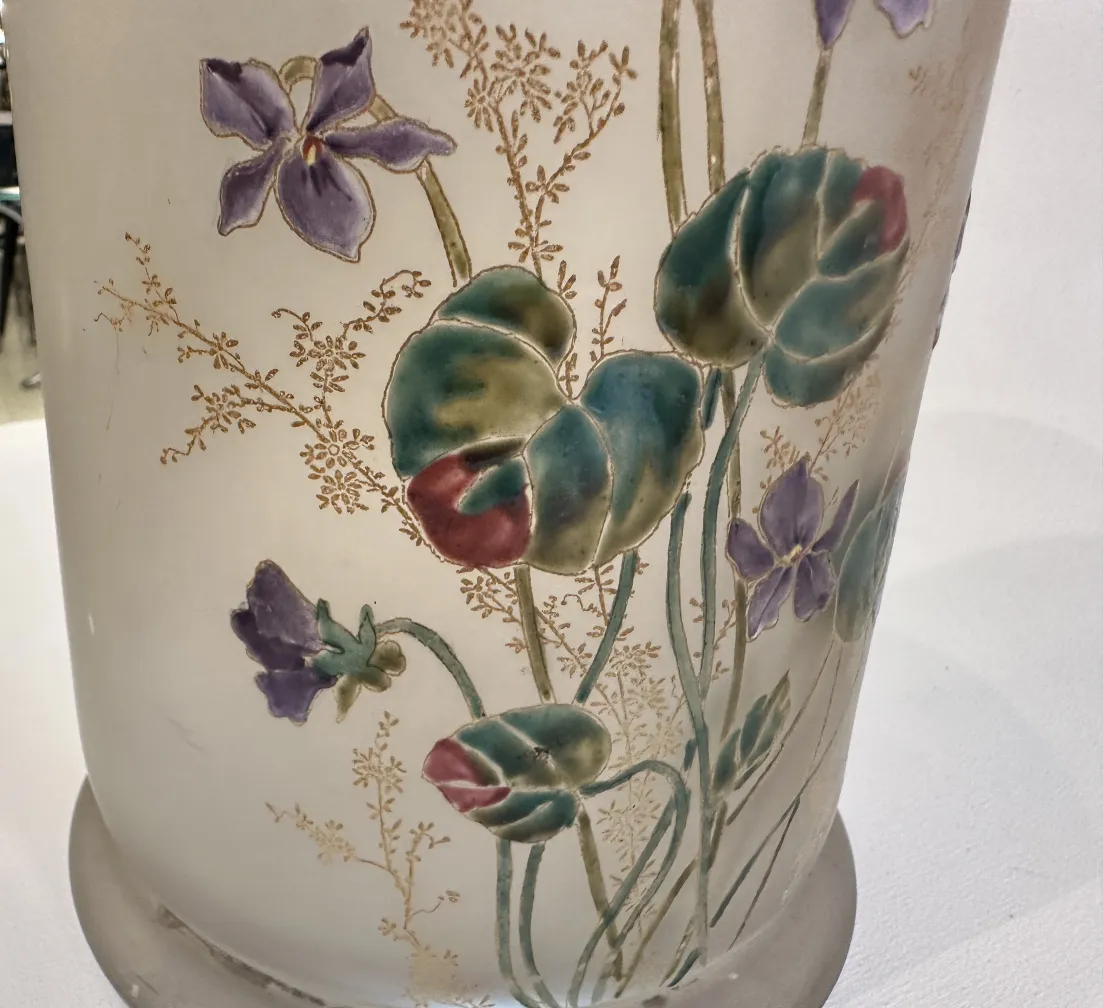 Interior of an antique signed glass Daum Nancy, decorated with flowers