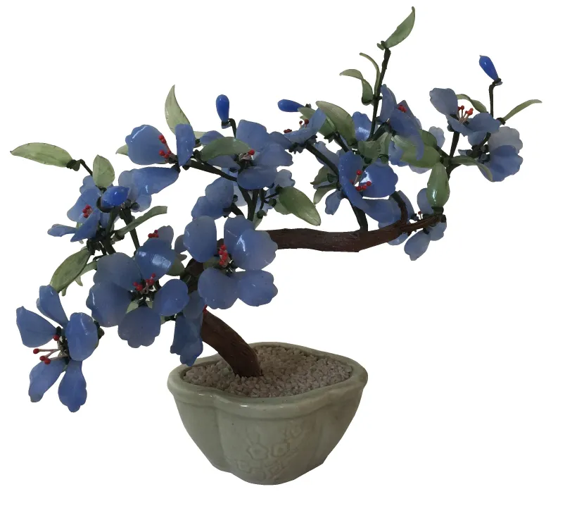 bonsai antigo com flores azuis em vaso decorativo