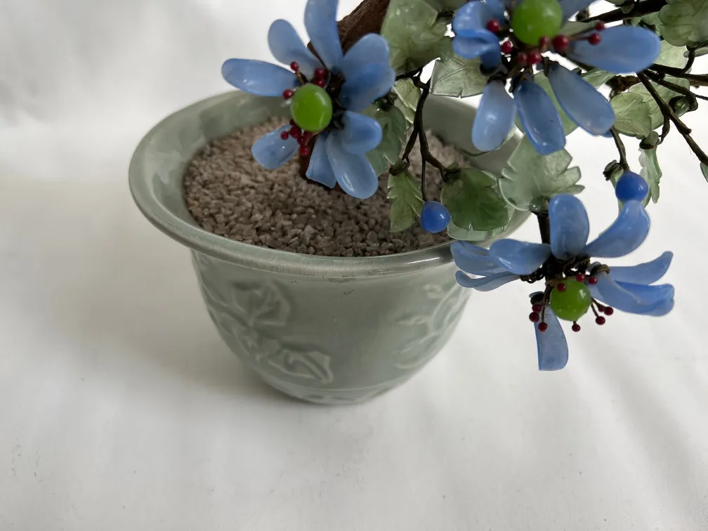 Bonsai ancien avec des fleurs bleues dans un pot clair
