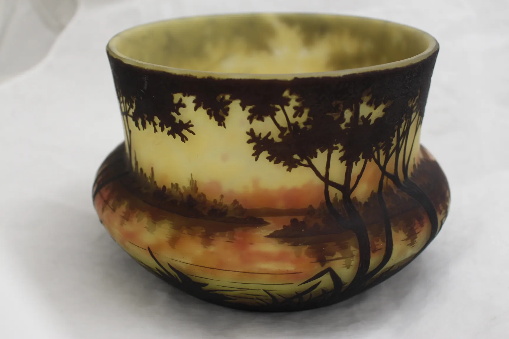 Ancien verre signé par Daum Nancy avec un paysage décoratif de la nature.