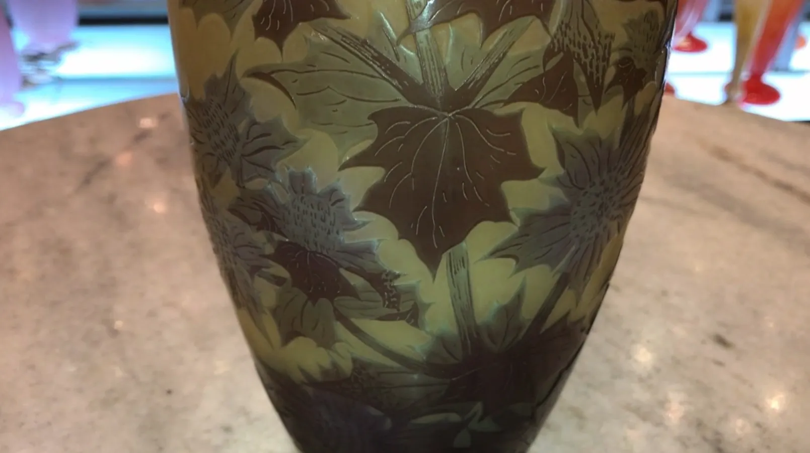 Antique signed Gallé vase with engraved flowers, decorative and elegant.