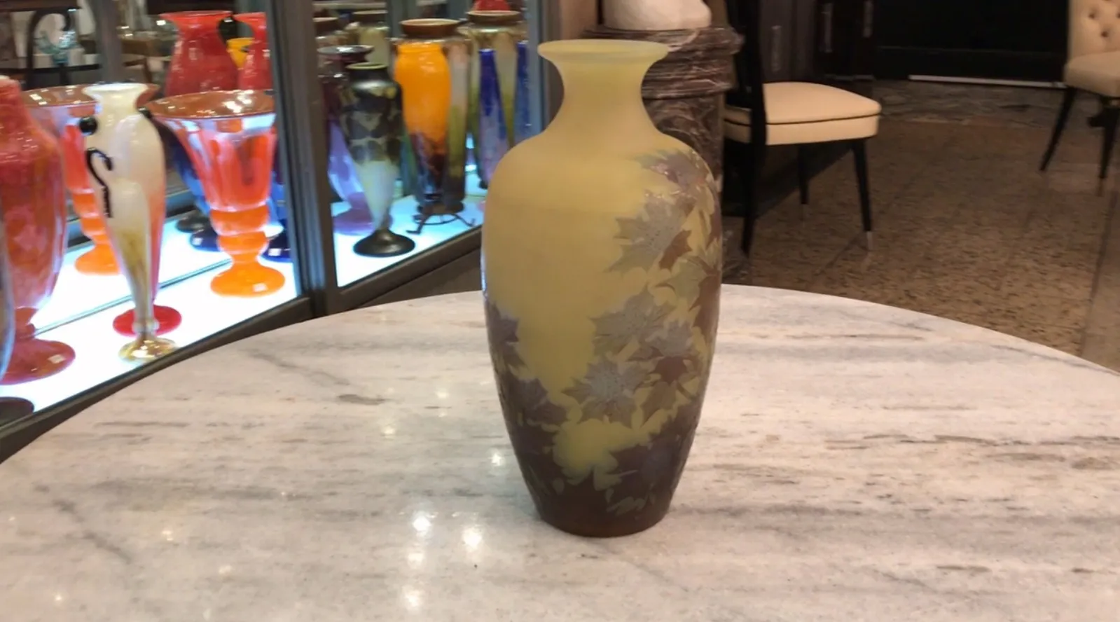 Antique signed Gallé vase with engraved flowers, decorative and elegant.