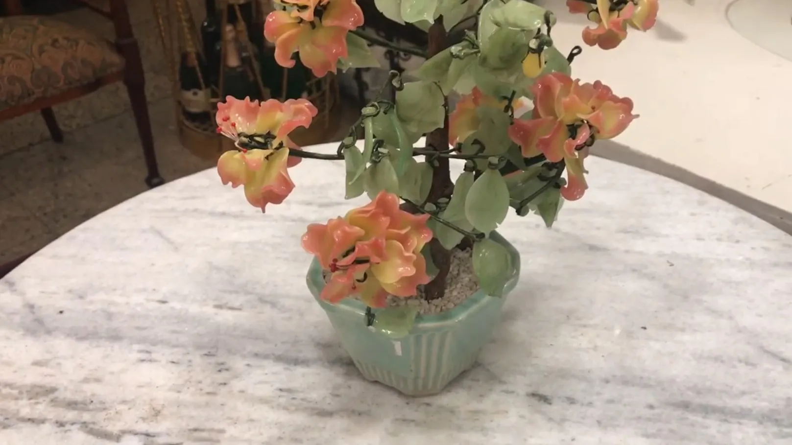 Bonsai antico con fiori colorati in vaso decorativo