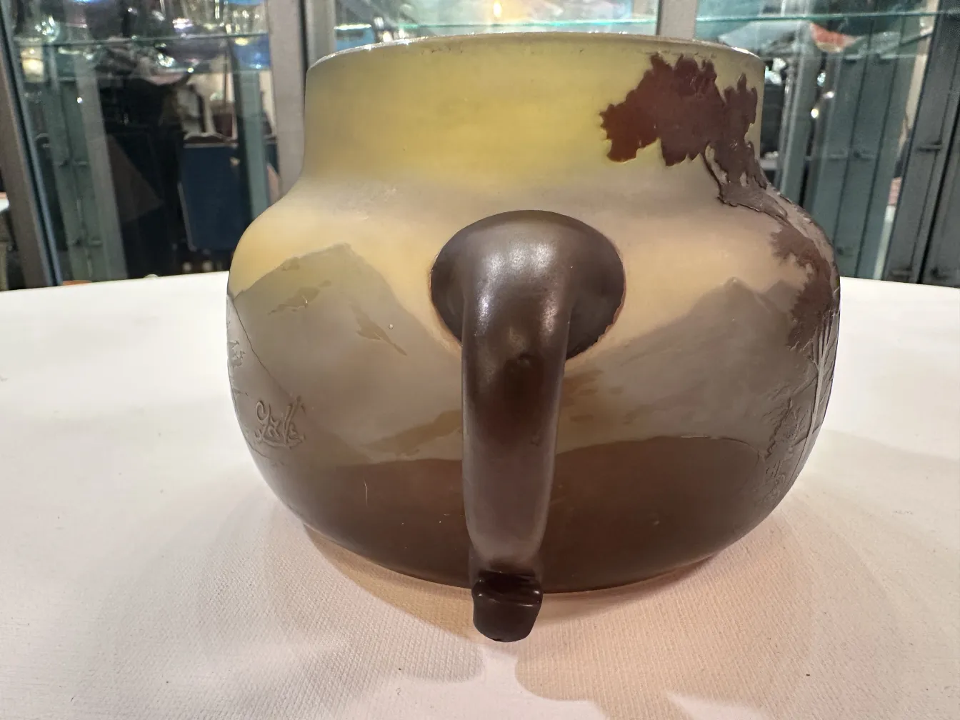 Antique signed glass Gallé, featuring natural landscapes