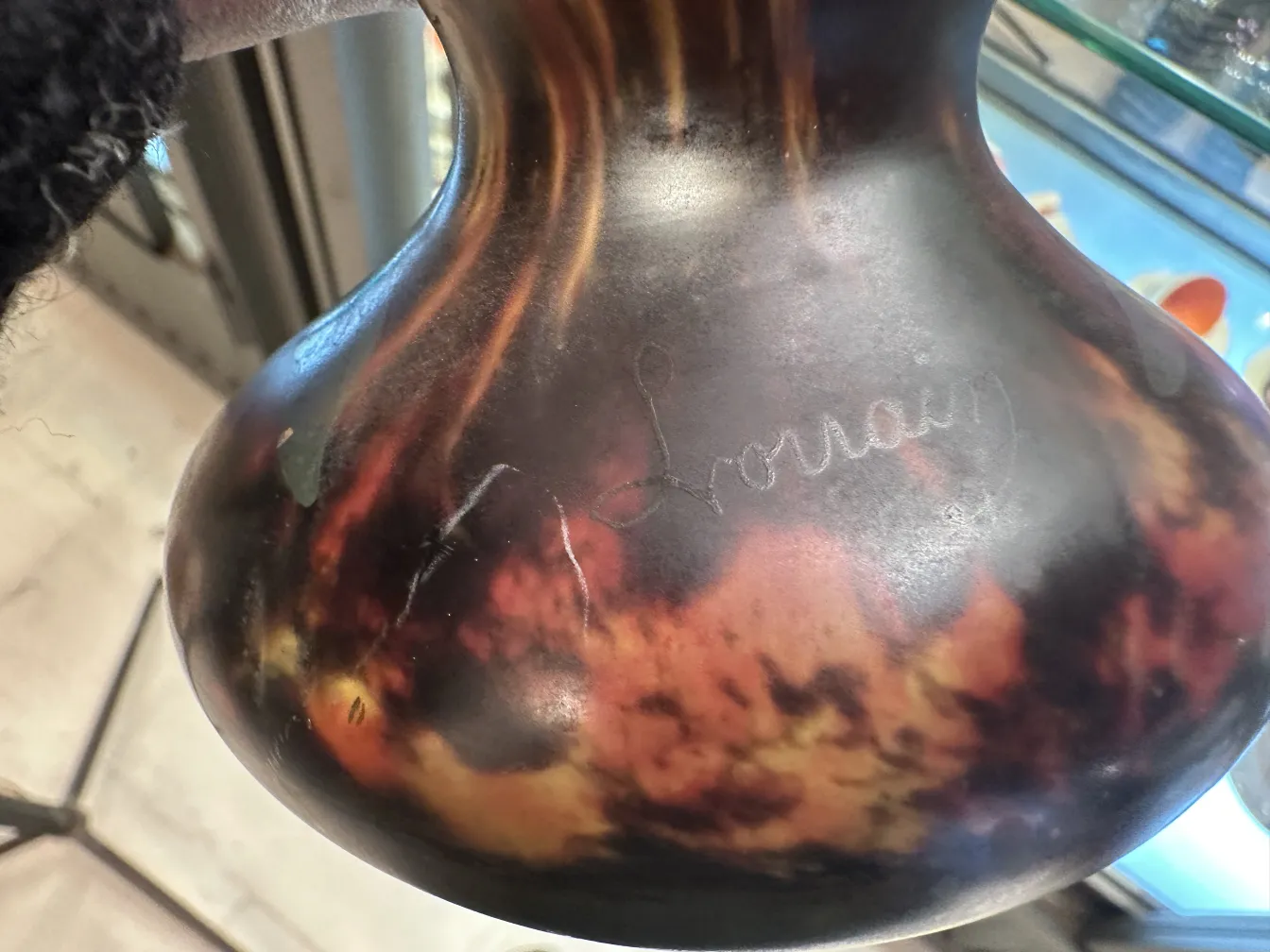 Antique signed glass Lorrain with visible signature.