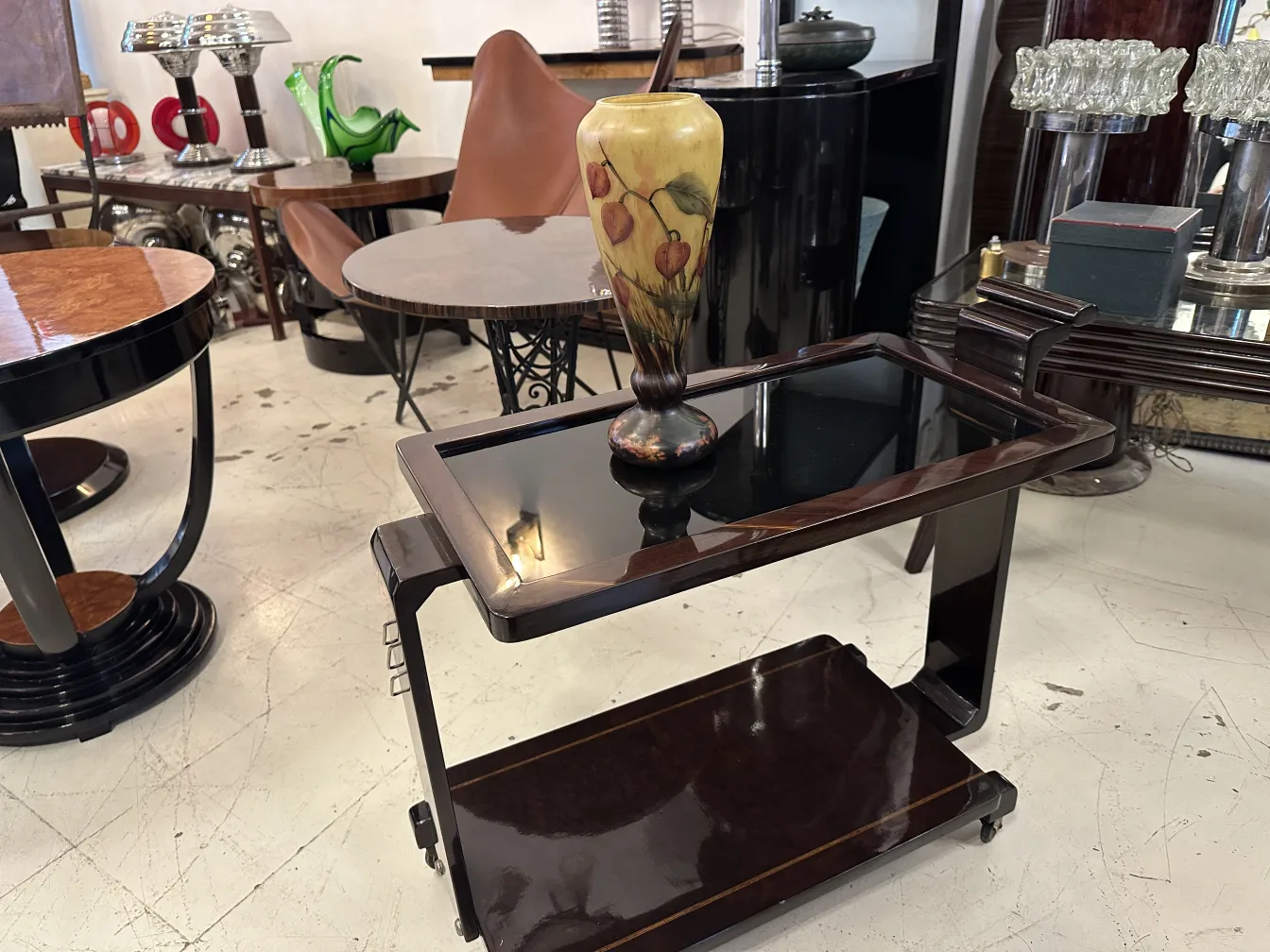 Auxiliary cart featuring signed glass Lorrain with floral design