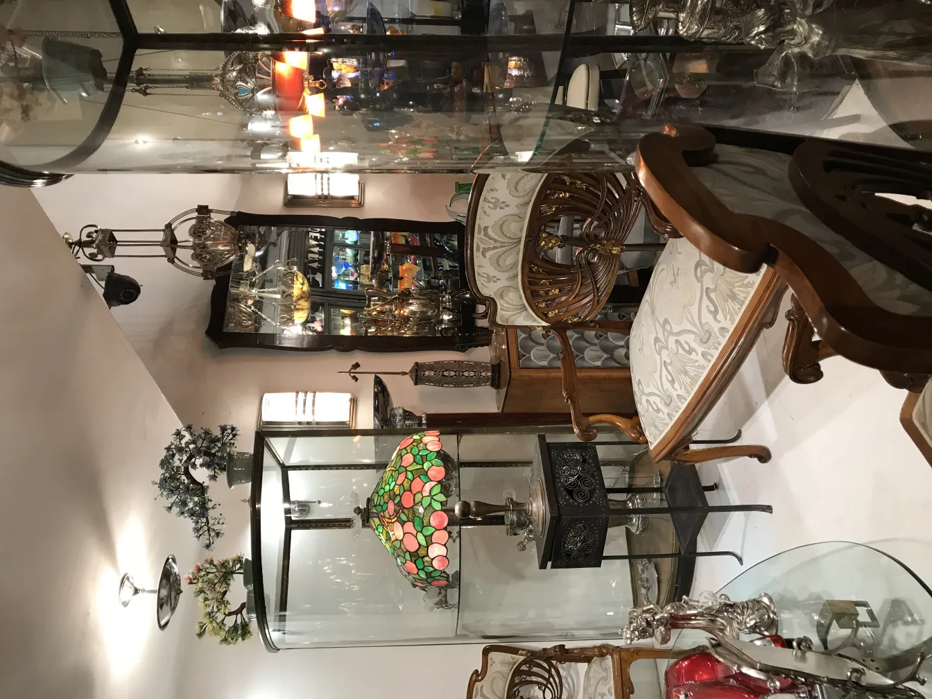 A beautiful bonsai surrounded by decorative antiques in a shop.