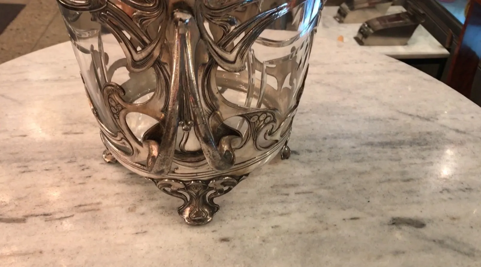 antique wmF punch bowl with detailed shiny metal lid