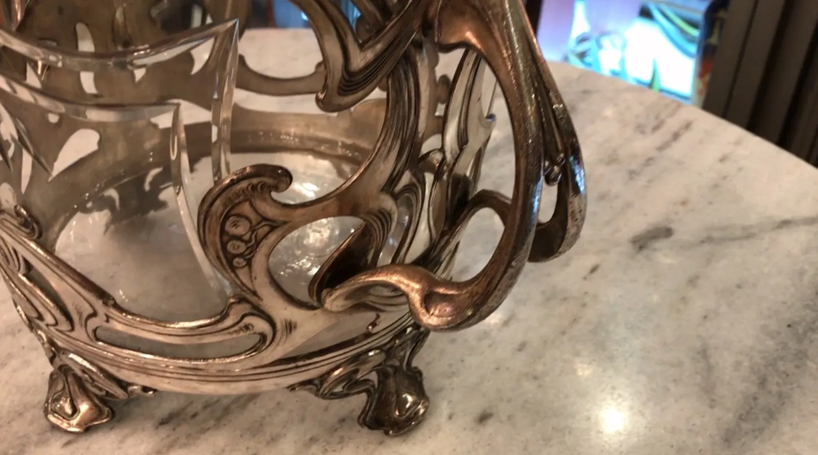 antique wmF punch bowl with detailed shiny metal lid