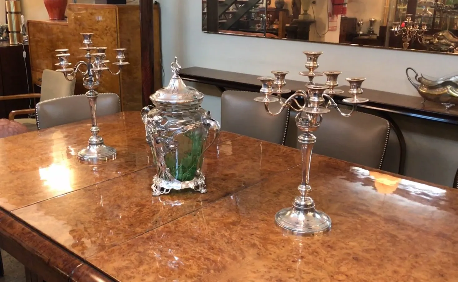 Antique WMF punch bowl with decorative green accents and lid, perfect for displays.