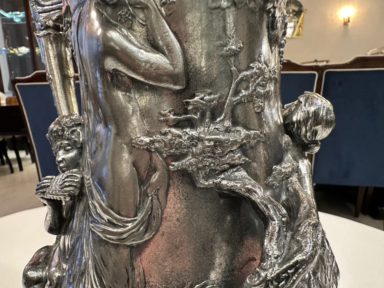 antique hot chocolate jug with decorative figures