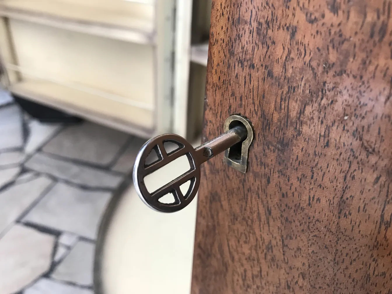 Close-up of a key in an antique wooden bar cabinet.