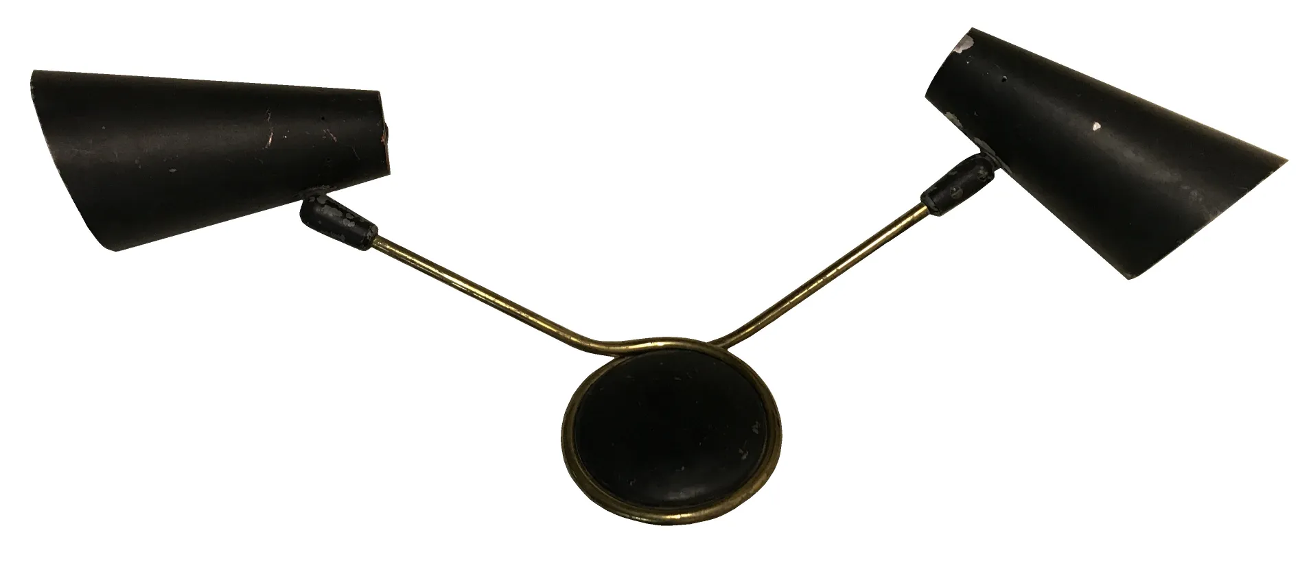 Antique pair of black sconces with a modern design, perfect for lighting. Neutral background.