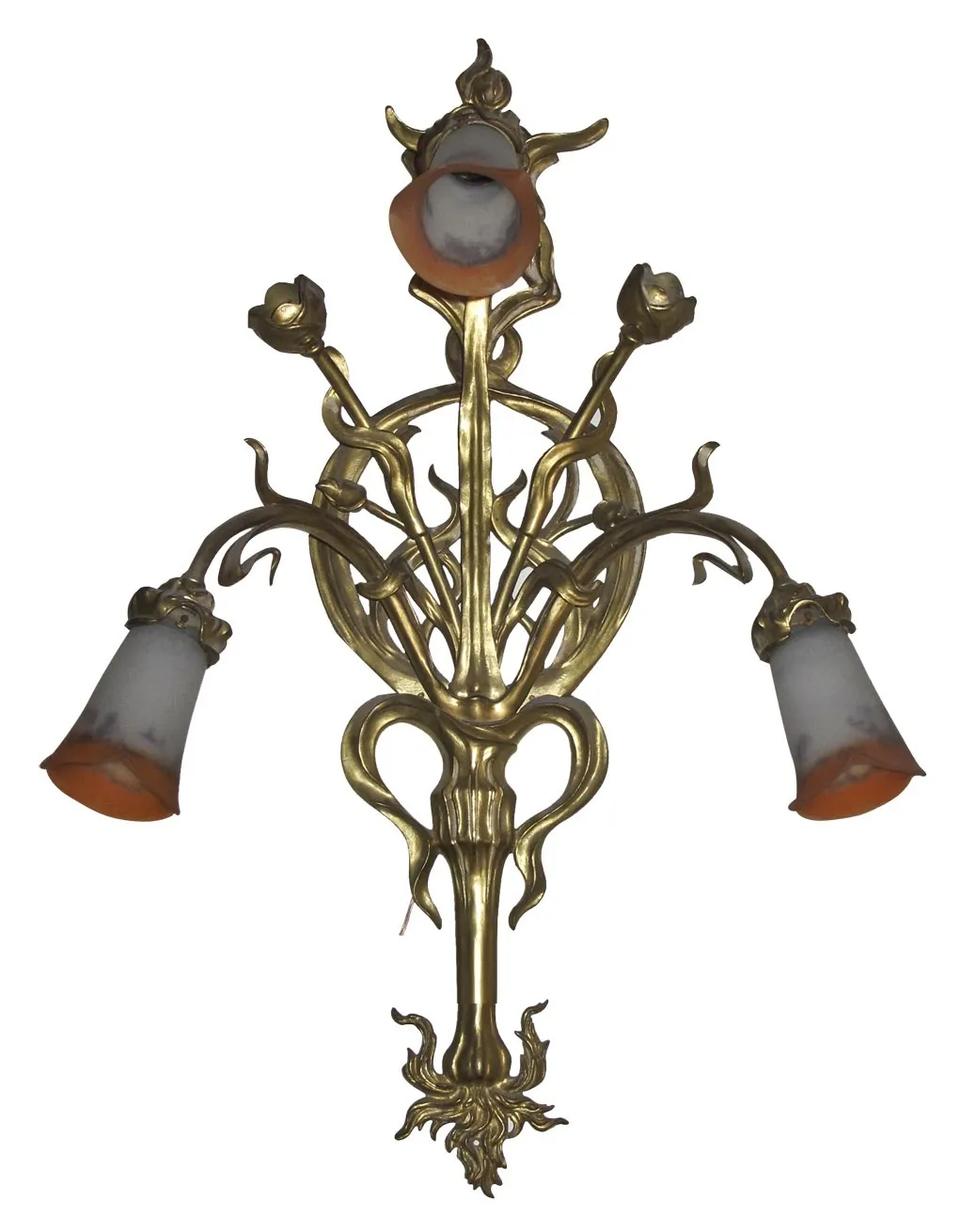 Antikes Paar Wandleuchter in Form von Ästen mit weißen und orangenen Lampen.