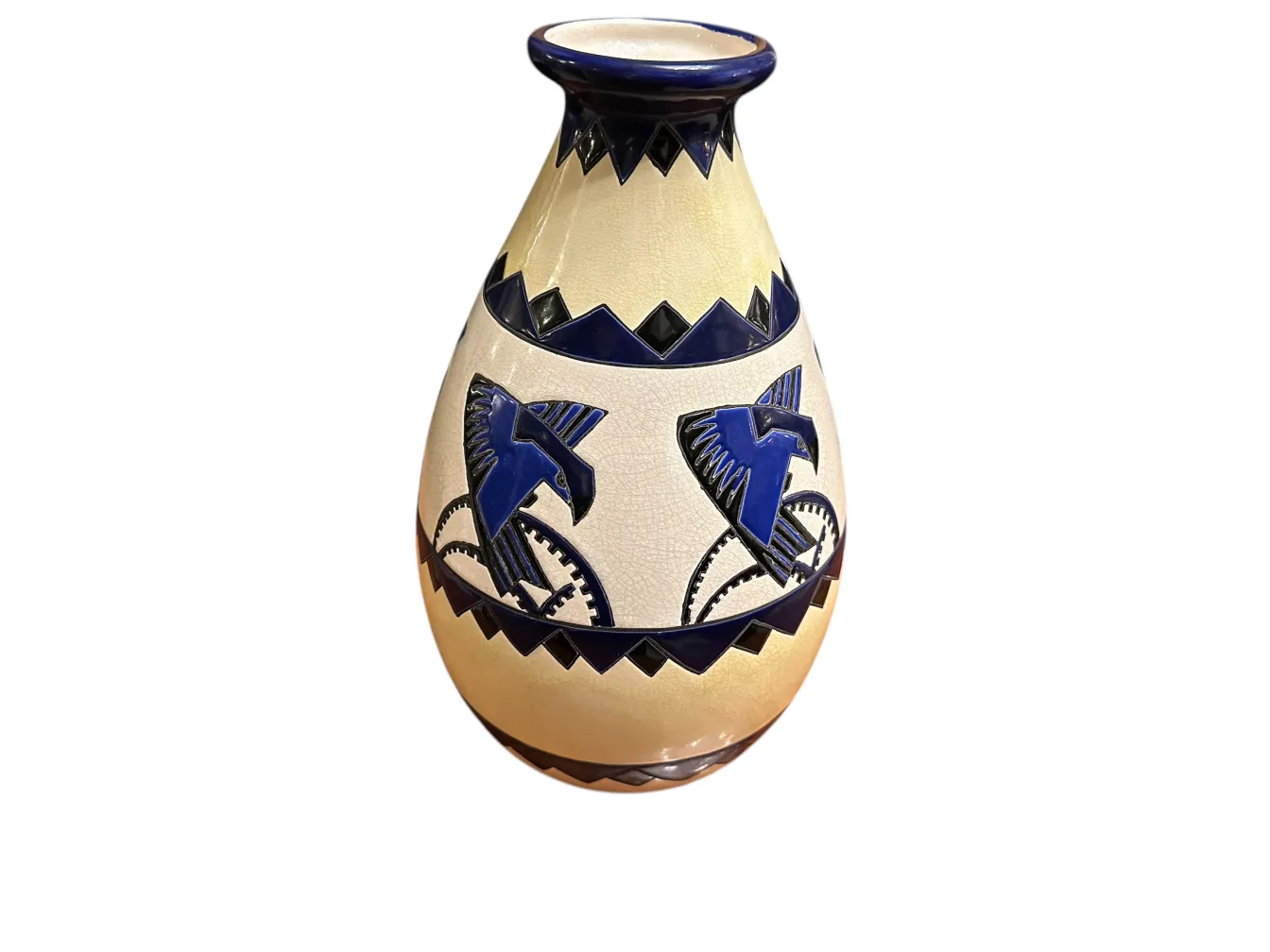 antique ceramic vase decorated with blue birds and geometric design