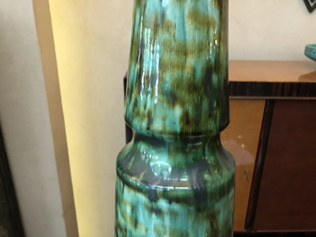 Antique ceramic vase in green with marbled finish