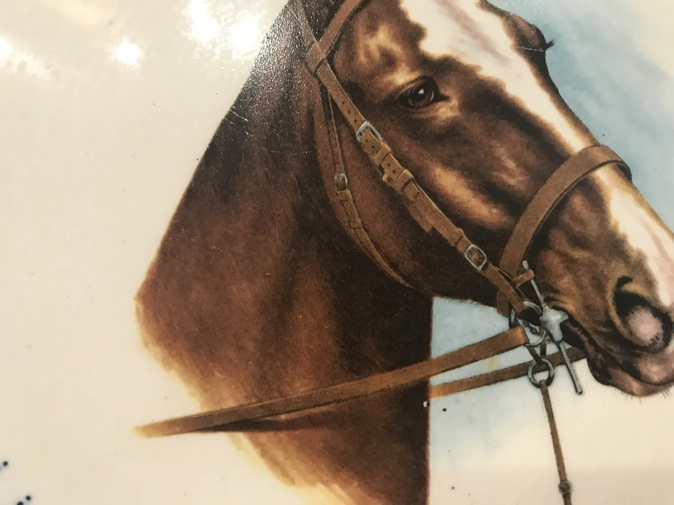 Ceramica antica con immagine di un cavallo in tonalità marrone e bianco, dettagli realistici.