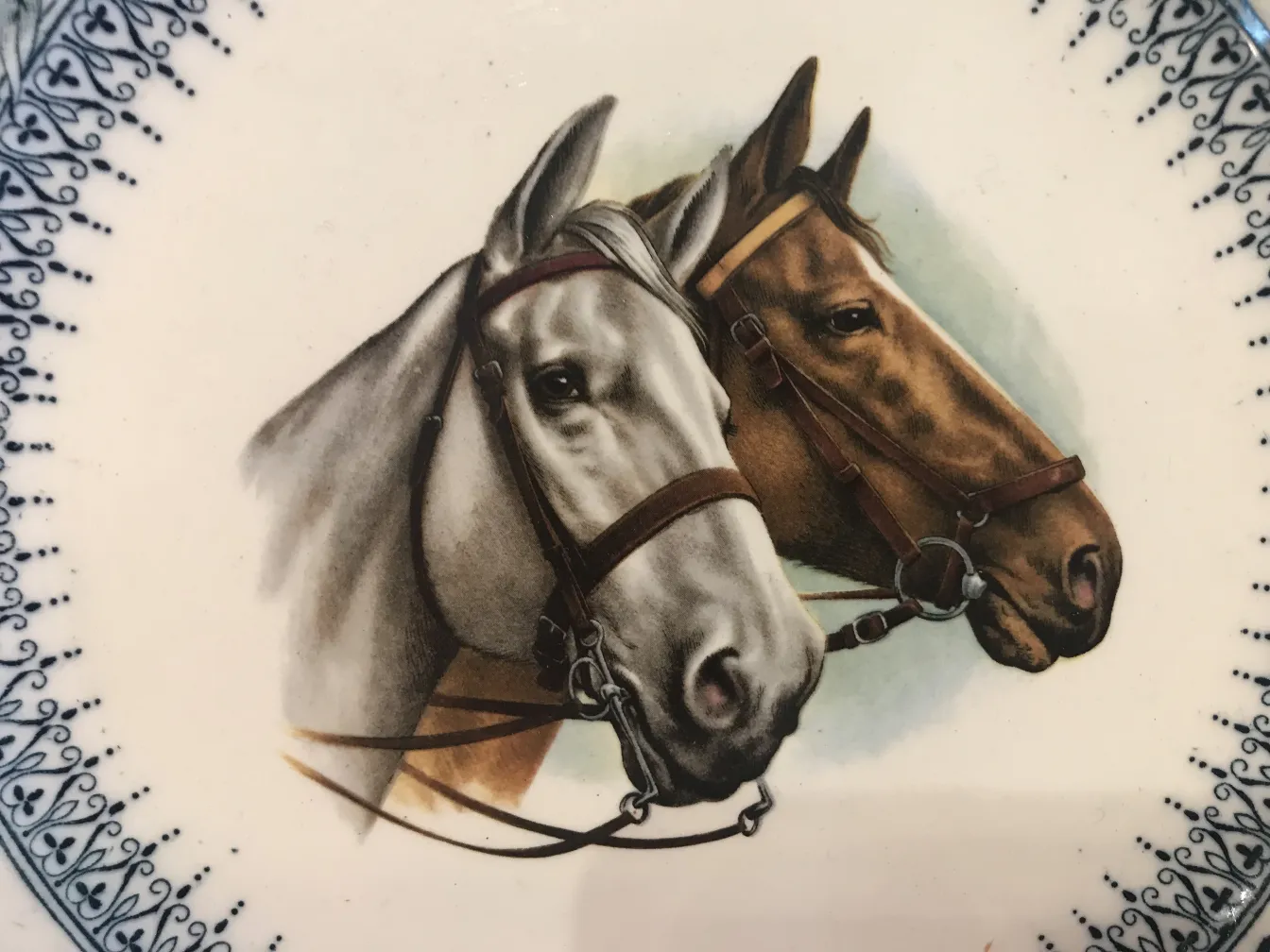 Assiette en céramique ancienne avec des images de chevaux.